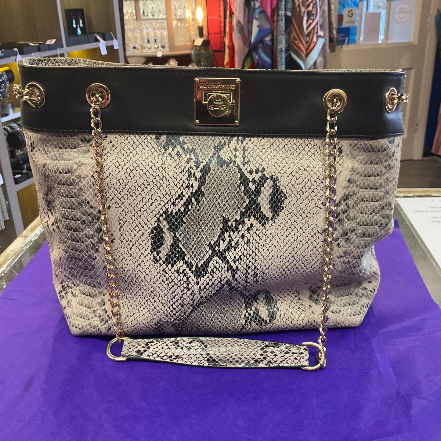 Vintage PAUL COSTELLO Large Black and Grey Leather Shoulder Bag, Faux snakeskin Print Leather and Gold Tone Chains