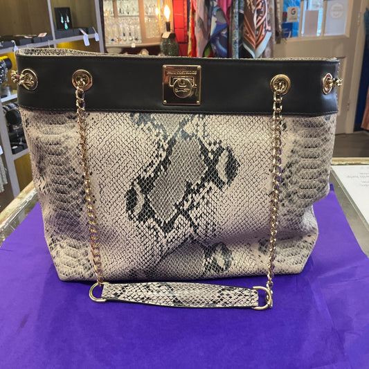 Vintage PAUL COSTELLO Large Black and Grey Leather Shoulder Bag, Faux snakeskin Print Leather and Gold Tone Chains