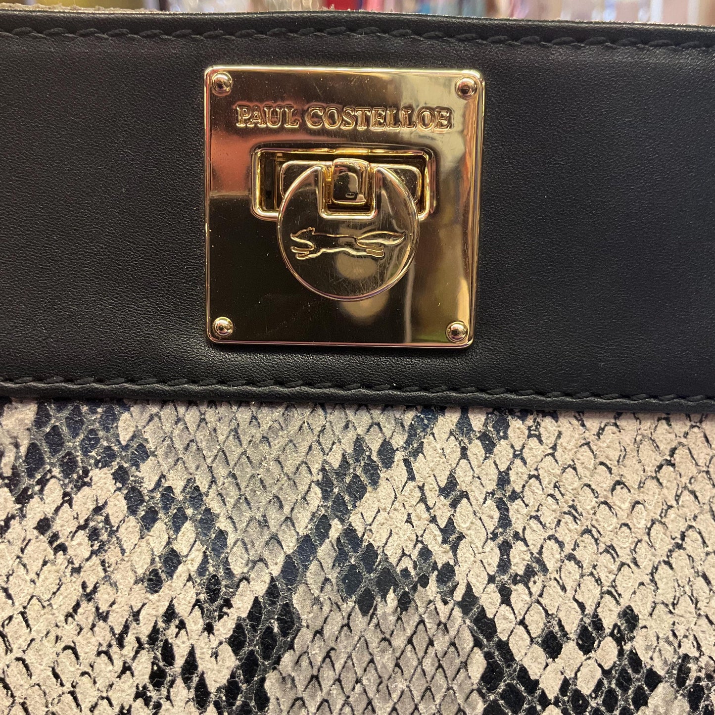 Vintage PAUL COSTELLO Large Black and Grey Leather Shoulder Bag, Faux snakeskin Print Leather and Gold Tone Chains