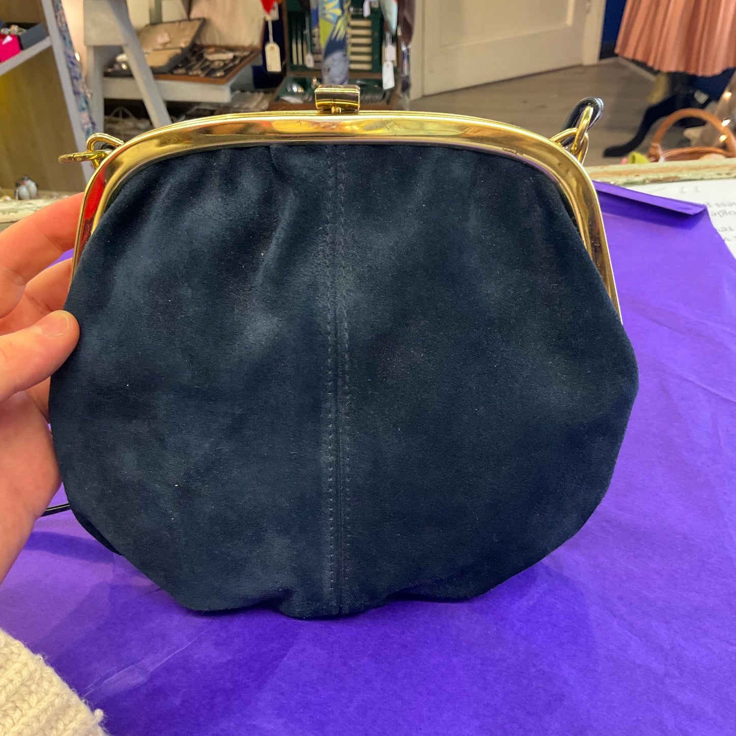 Vintage 1960s/70s Blue Genuine Suede Shoulder Bag with Gold Tone Frame