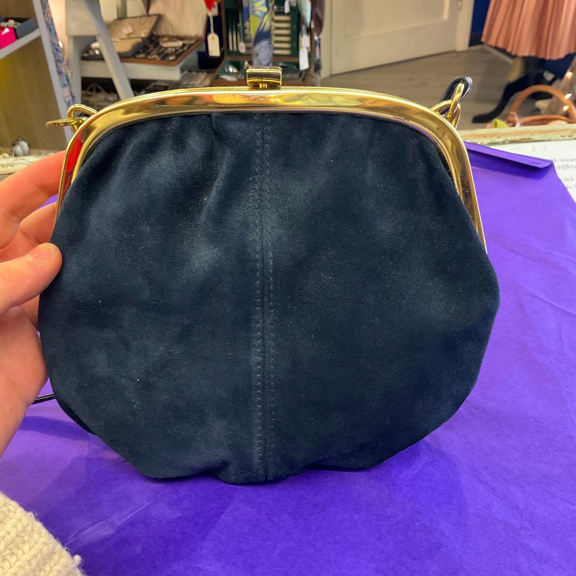 Vintage 1960s/70s Blue Genuine Suede Shoulder Bag with Gold Tone Frame