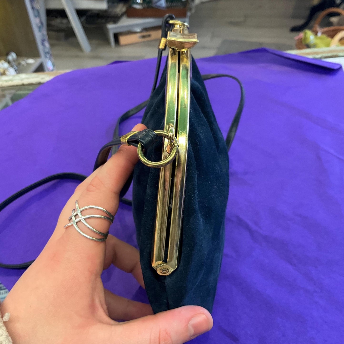 Vintage 1960s/70s Blue Genuine Suede Shoulder Bag with Gold Tone Frame
