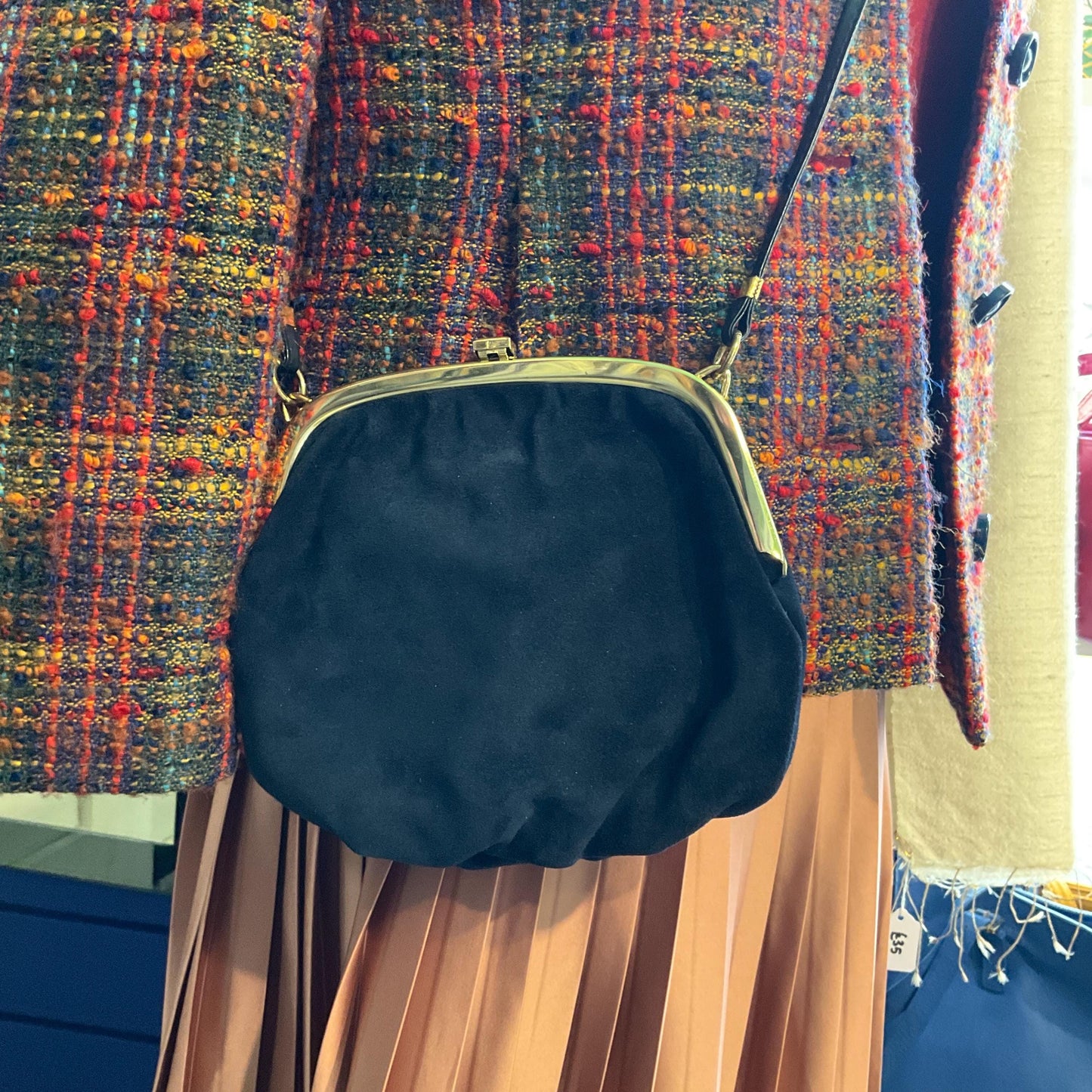 Vintage 1960s/70s Blue Genuine Suede Shoulder Bag with Gold Tone Frame