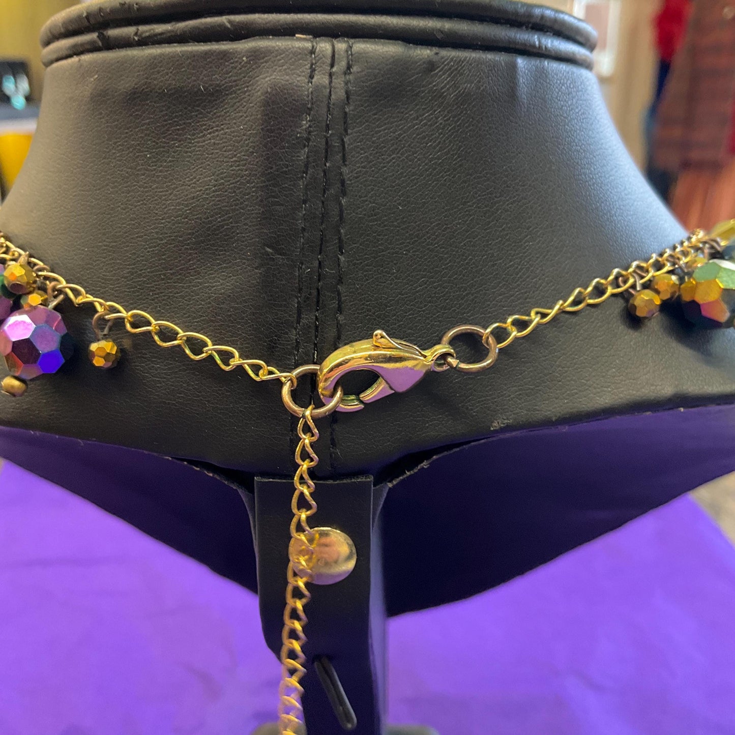 Vintage Butler and Wilson Bohemian Peacock Borealis Crystal and Gold Tone Foiled Glass ‘Y’ Drop Tassled Necklace