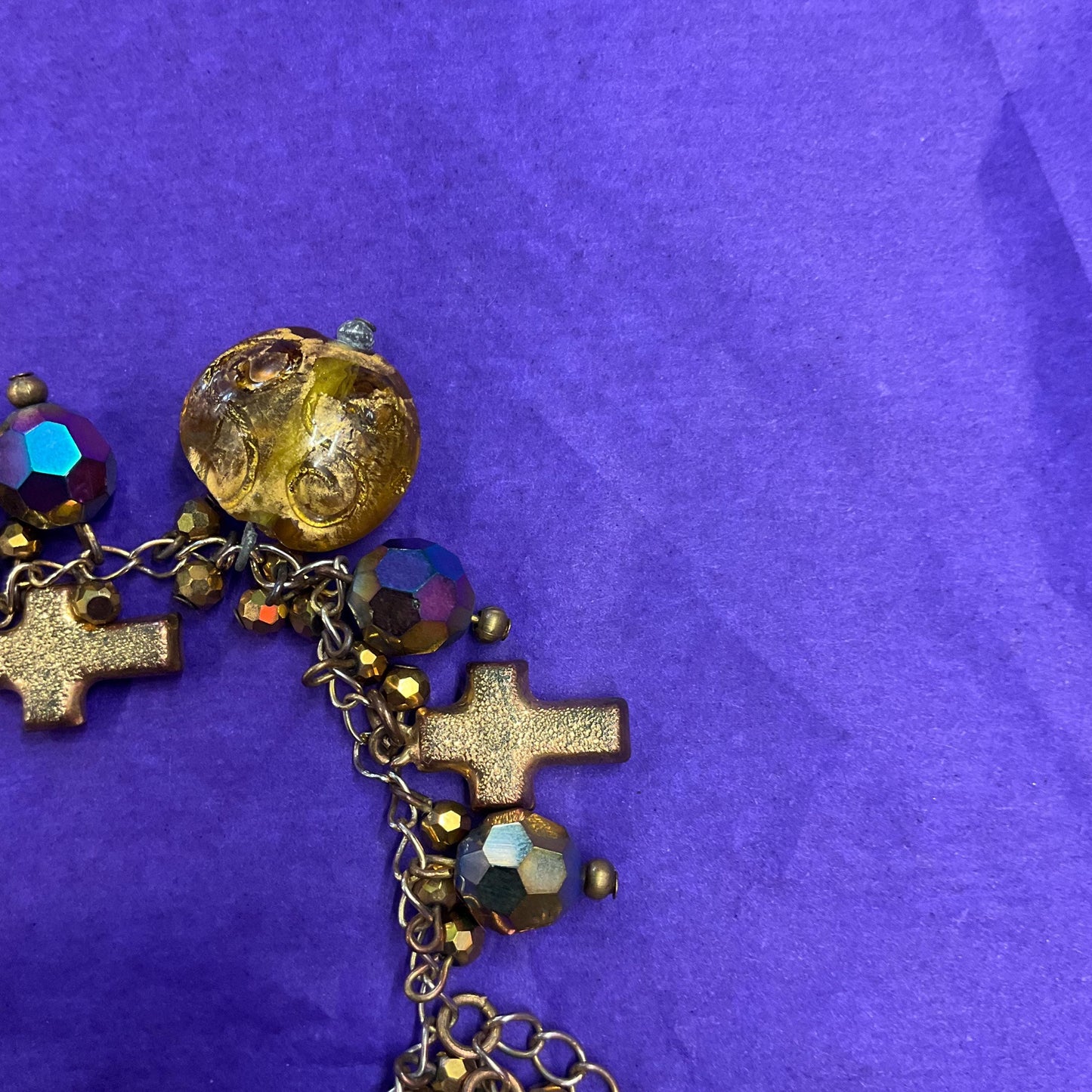 Vintage Butler and Wilson Bohemian Peacock Borealis Crystal and Gold Tone Foiled Glass ‘Y’ Drop Tassled Necklace