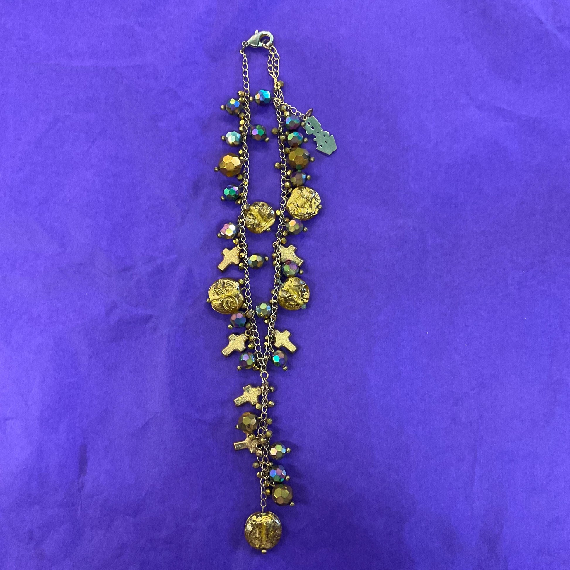 Vintage Butler and Wilson Bohemian Peacock Borealis Crystal and Gold Tone Foiled Glass ‘Y’ Drop Tassled Necklace