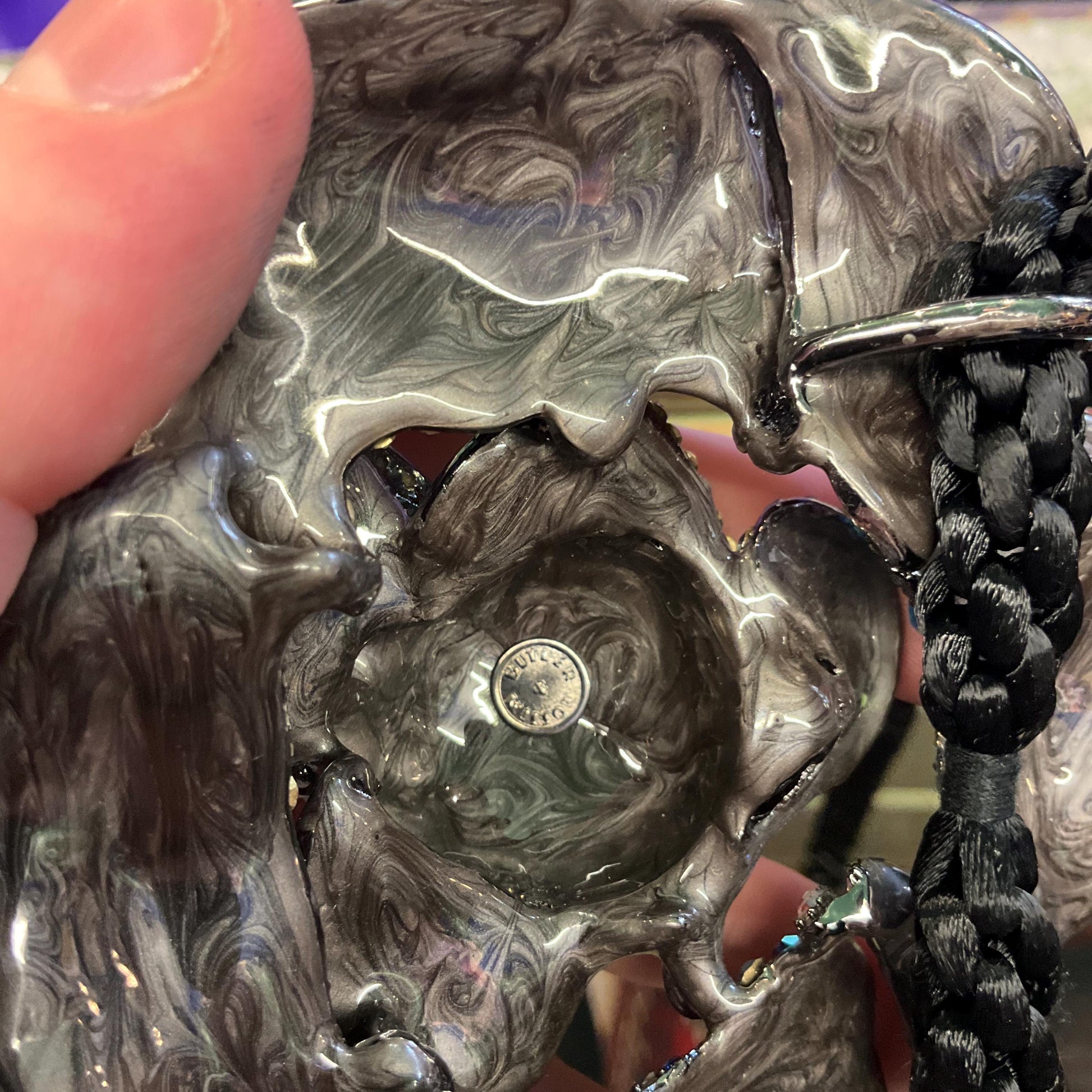 Vintage Butler and Wilson Oversized Rainbow Rose Crystal Necklace, Borealis Rhinestones onto a Black Silky Cord