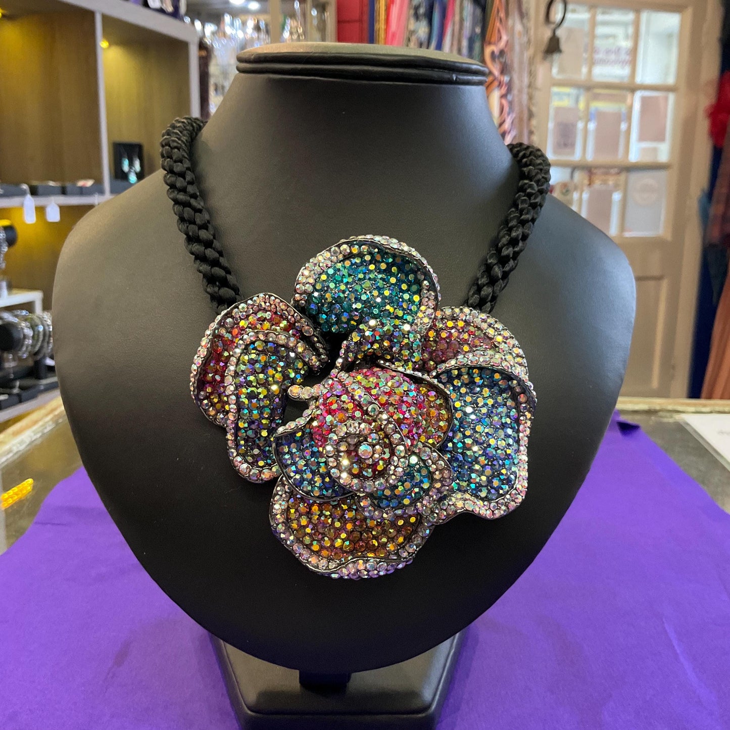 Vintage Butler and Wilson Oversized Rainbow Rose Crystal Necklace, Borealis Rhinestones onto a Black Silky Cord