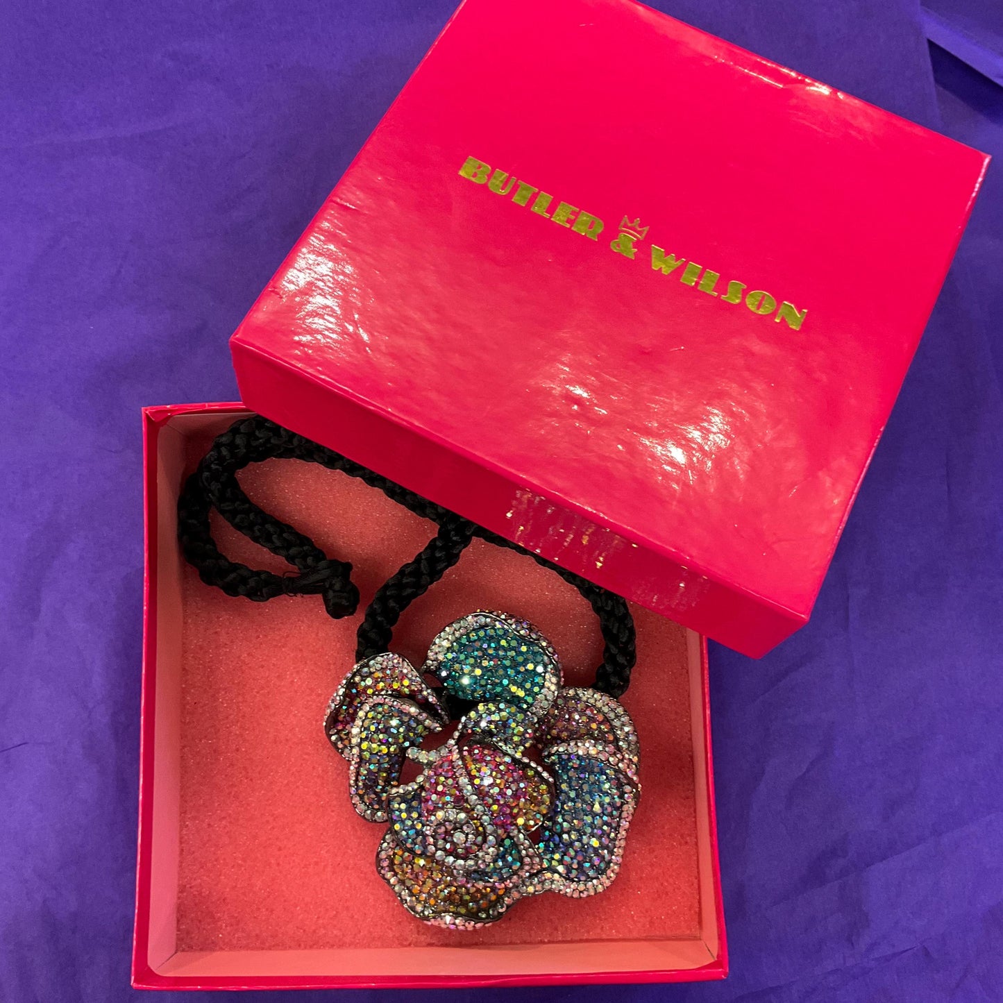 Vintage Butler and Wilson Oversized Rainbow Rose Crystal Necklace, Borealis Rhinestones onto a Black Silky Cord