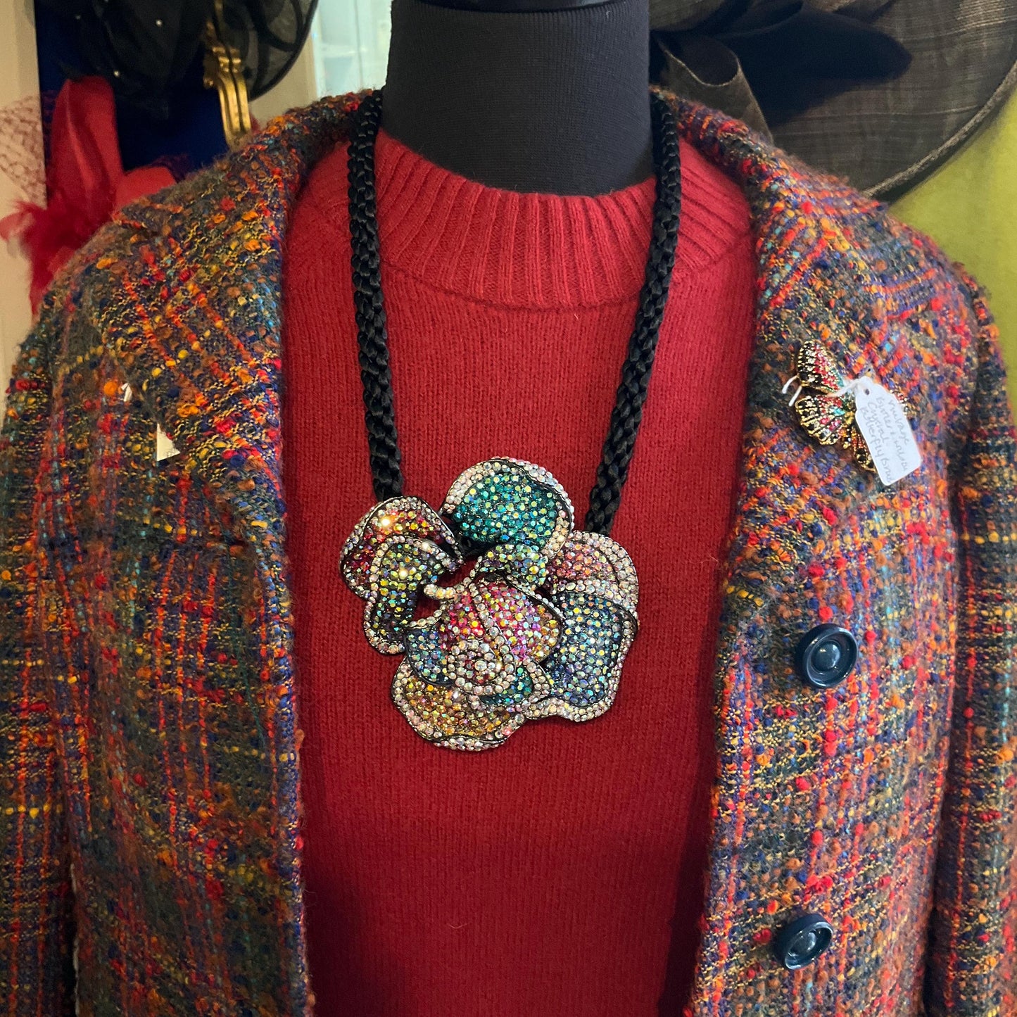 Vintage Butler and Wilson Oversized Rainbow Rose Crystal Necklace, Borealis Rhinestones onto a Black Silky Cord