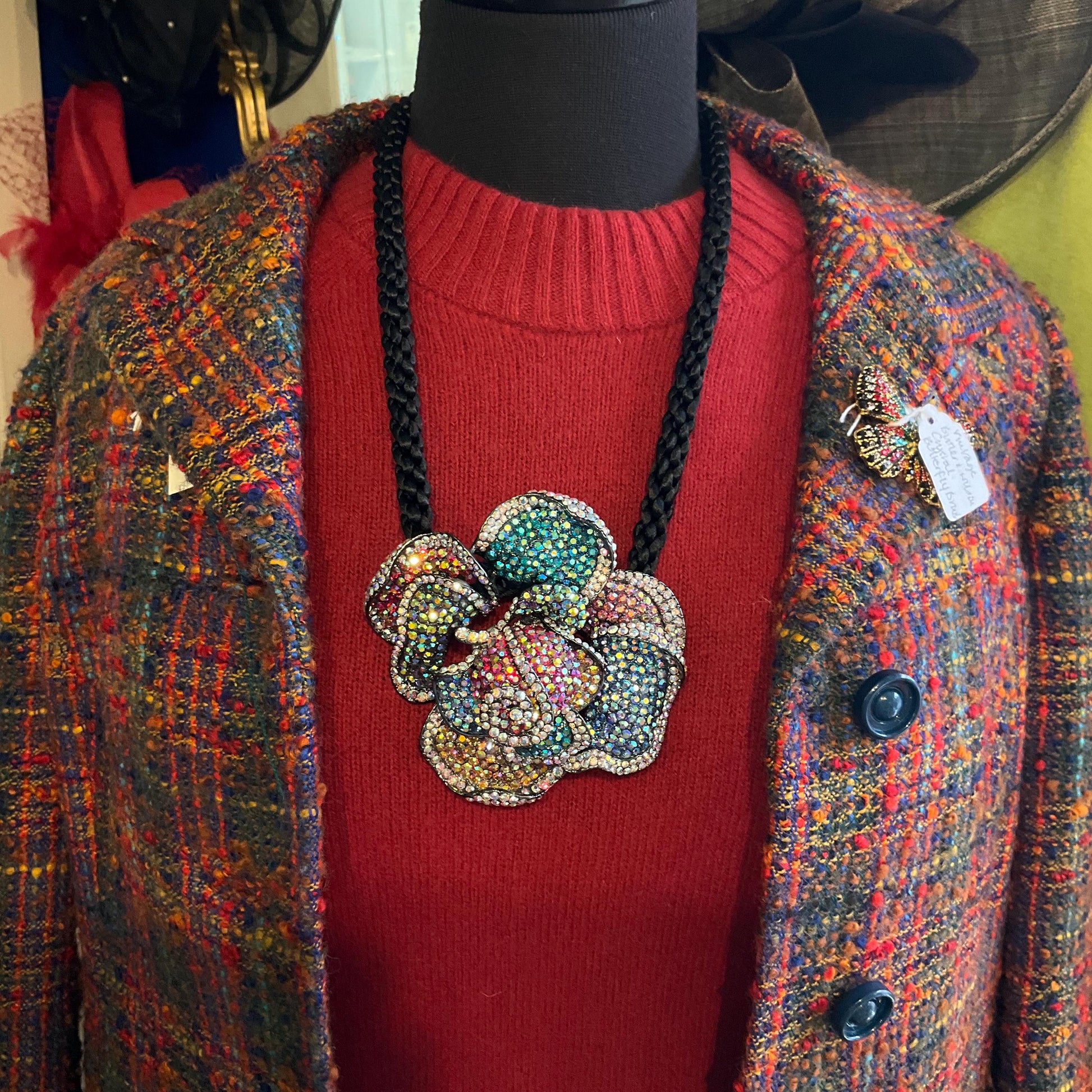 Vintage Butler and Wilson Oversized Rainbow Rose Crystal Necklace, Borealis Rhinestones onto a Black Silky Cord