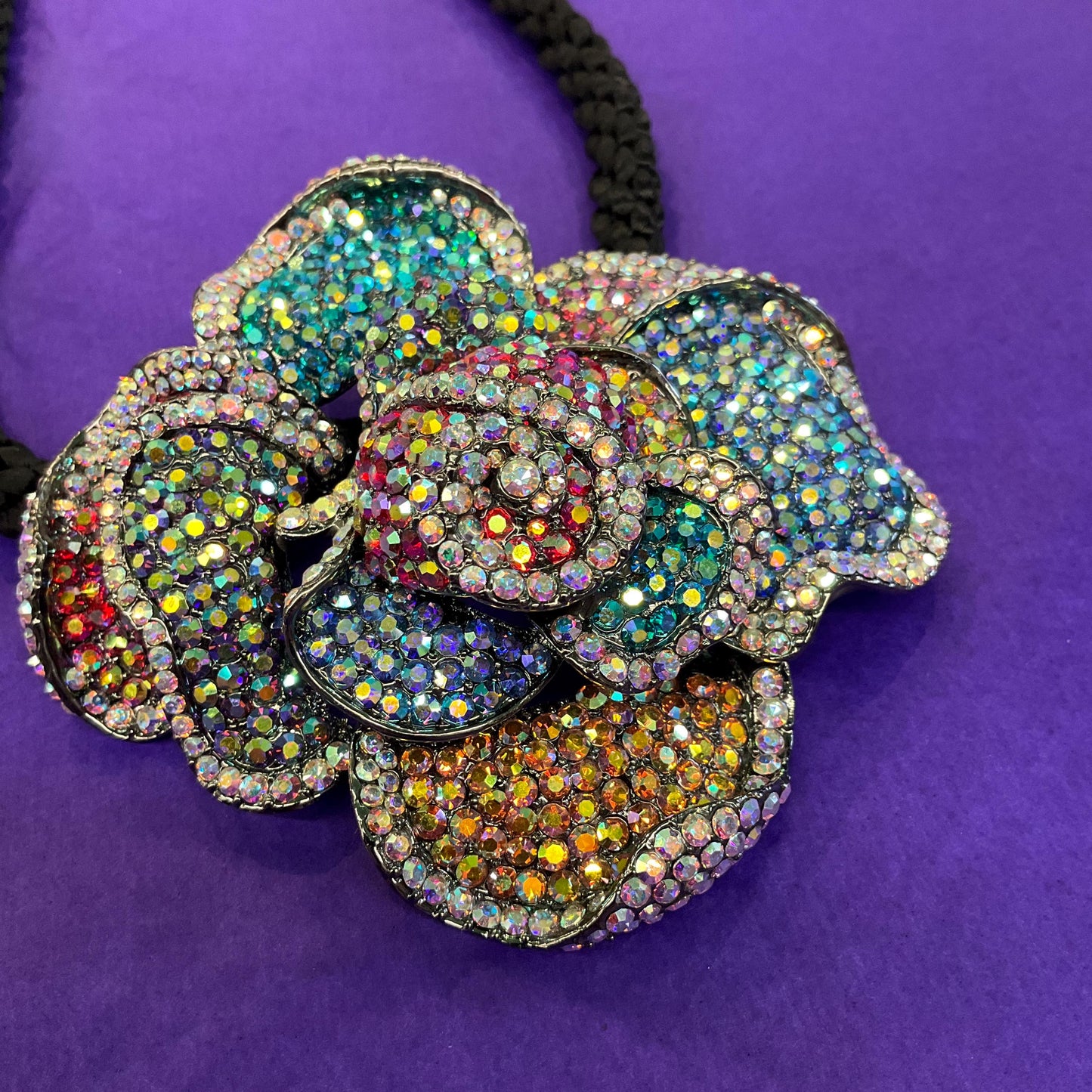 Vintage Butler and Wilson Oversized Rainbow Rose Crystal Necklace, Borealis Rhinestones onto a Black Silky Cord