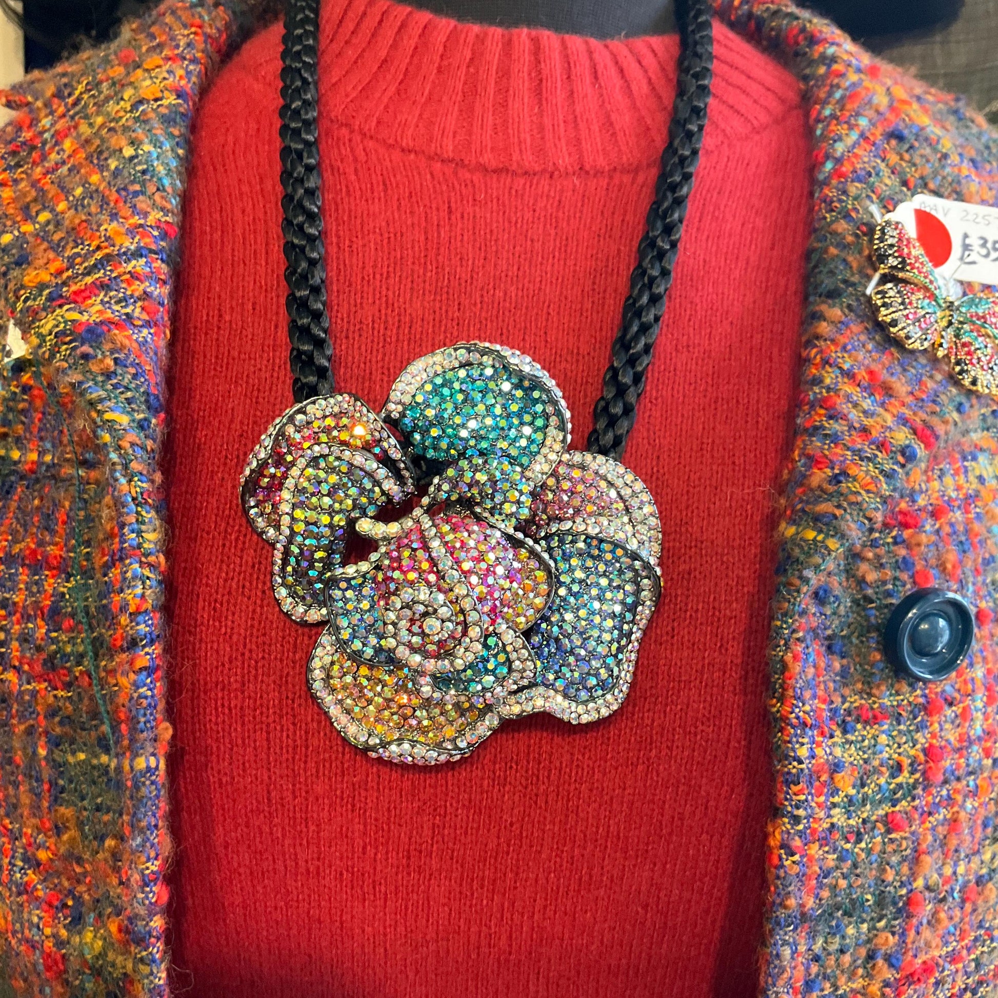 Vintage Butler and Wilson Oversized Rainbow Rose Crystal Necklace, Borealis Rhinestones onto a Black Silky Cord