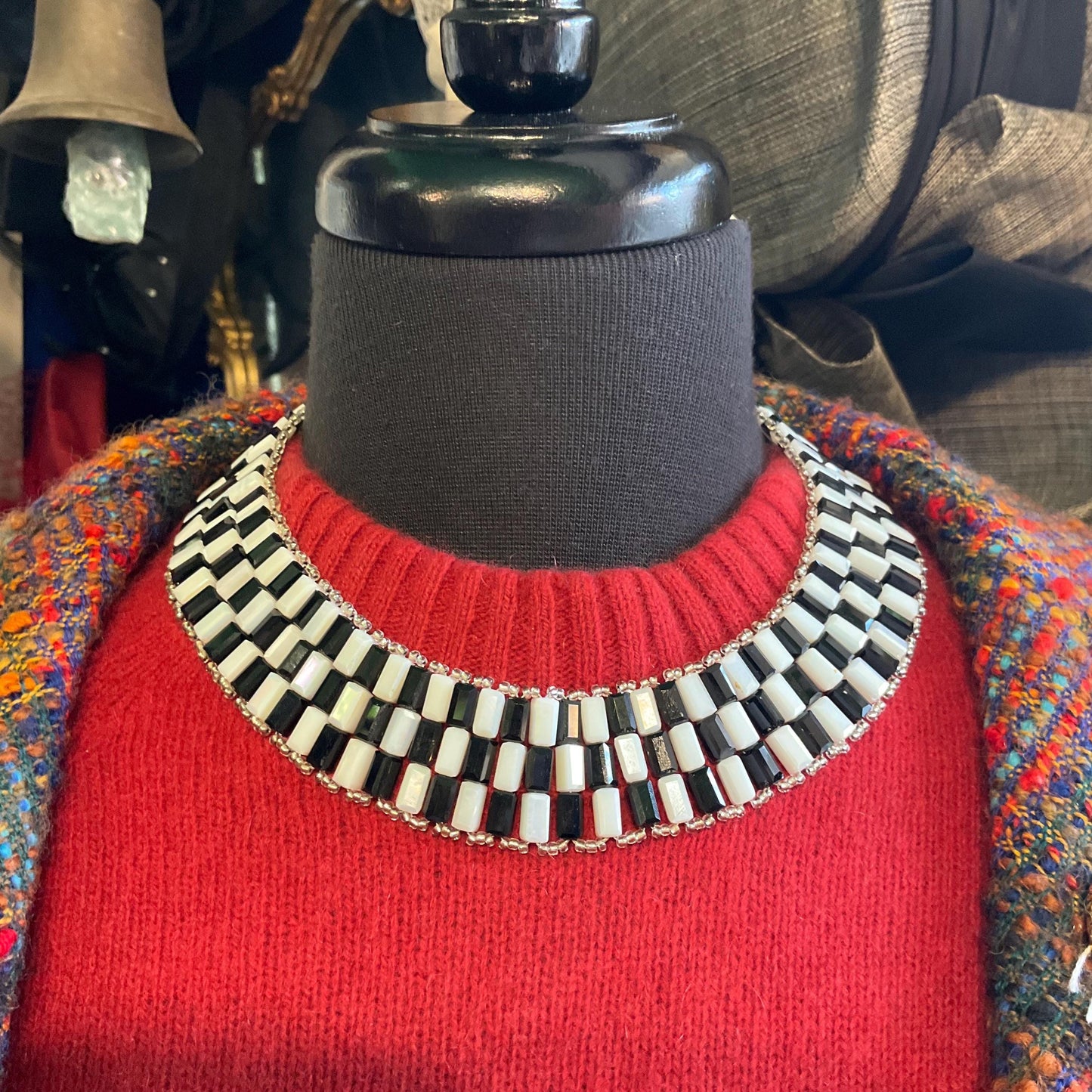 Vintage Butler and Wilson Art Deco Style Monotone Aurora Borealis and Black Crystal Statement Collar Necklace