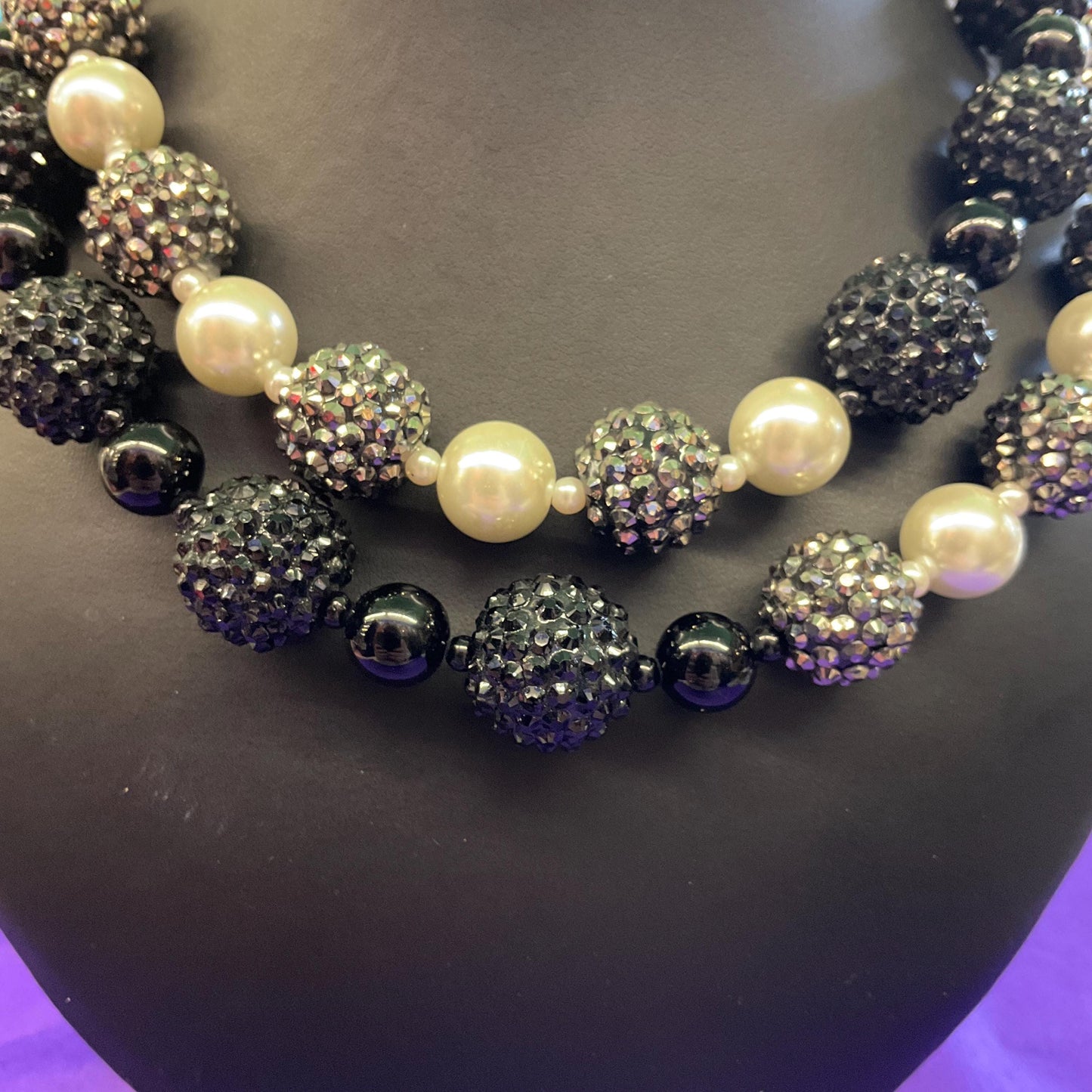 Vintage Butler and Wilson Black, White and Silver Asymetric Statement Beaded Necklace, Faux Pearls and Crystal Encrusted Beads