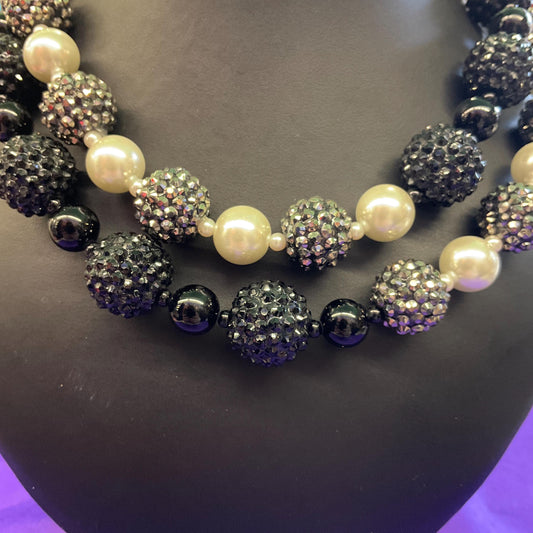 Vintage Butler and Wilson Black, White and Silver Asymetric Statement Beaded Necklace, Faux Pearls and Crystal Encrusted Beads