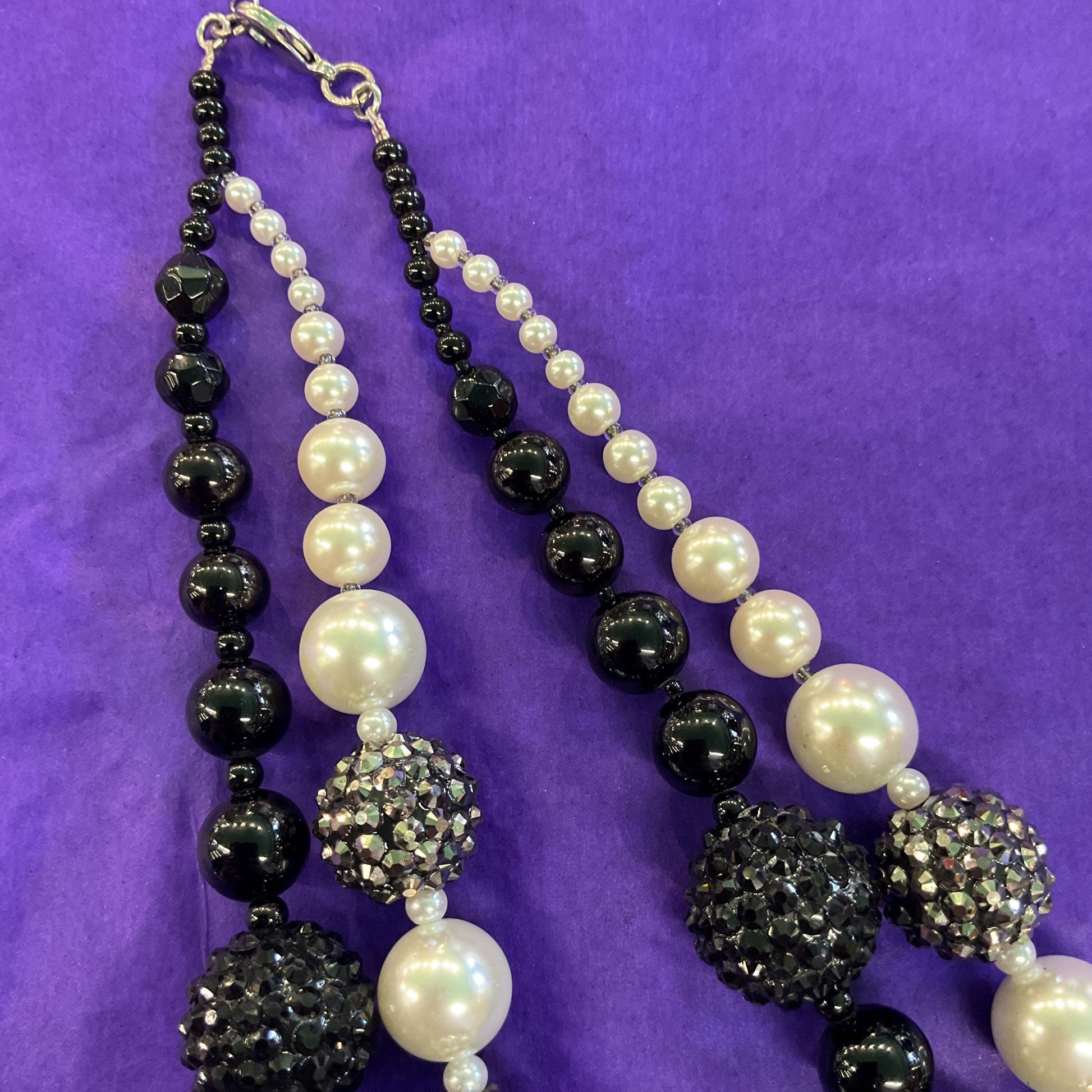 Vintage Butler and Wilson Black, White and Silver Asymetric Statement Beaded Necklace, Faux Pearls and Crystal Encrusted Beads