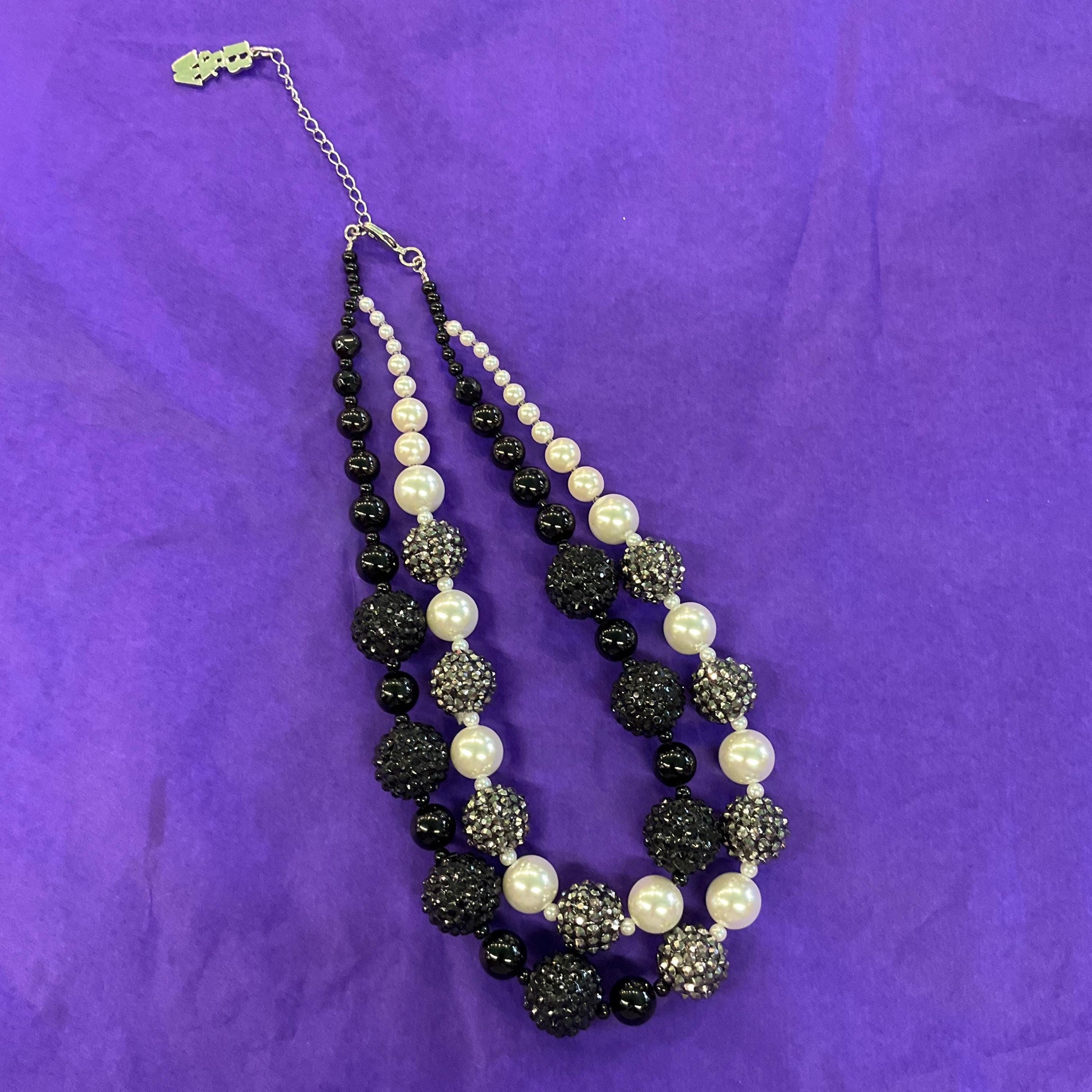 Vintage Butler and Wilson Black, White and Silver Asymetric Statement Beaded Necklace, Faux Pearls and Crystal Encrusted Beads