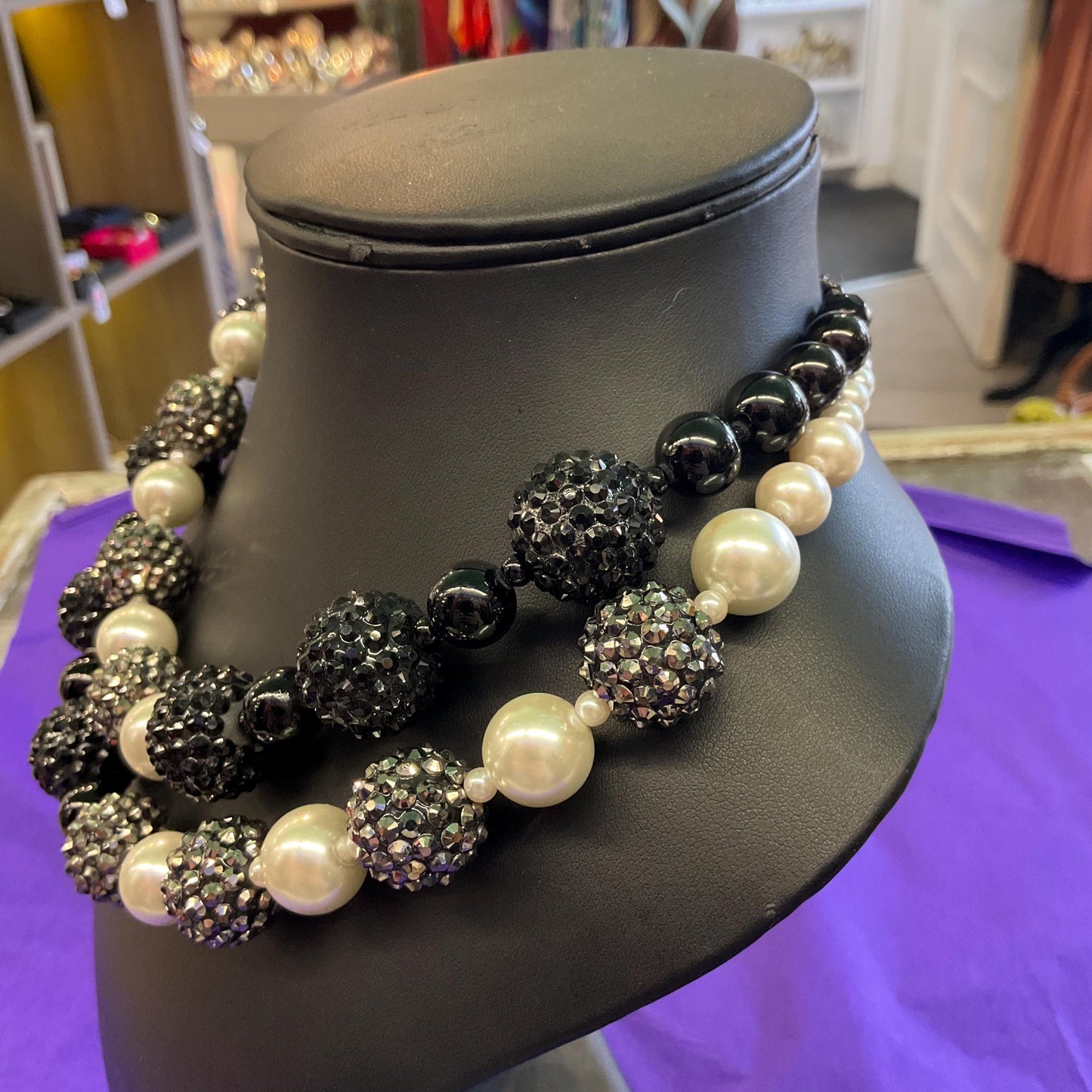 Vintage Butler and Wilson Black, White and Silver Asymetric Statement Beaded Necklace, Faux Pearls and Crystal Encrusted Beads