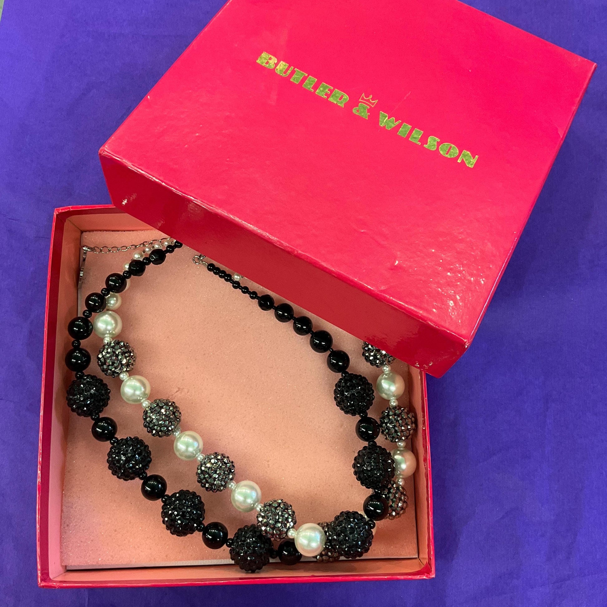 Vintage Butler and Wilson Black, White and Silver Asymetric Statement Beaded Necklace, Faux Pearls and Crystal Encrusted Beads