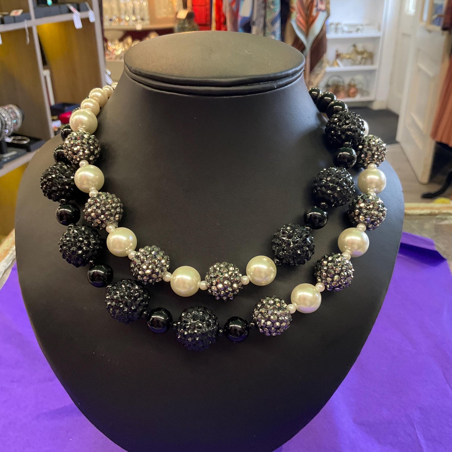 Vintage Butler and Wilson Black, White and Silver Asymetric Statement Beaded Necklace, Faux Pearls and Crystal Encrusted Beads