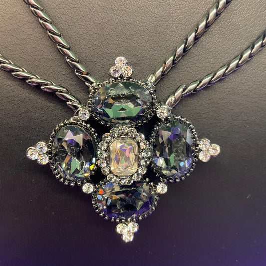 Vintage Butler and Wilson Dark Pewter Tone Crystal Chain Necklace, Pewter Tone Crystal and Silver Rhinestones