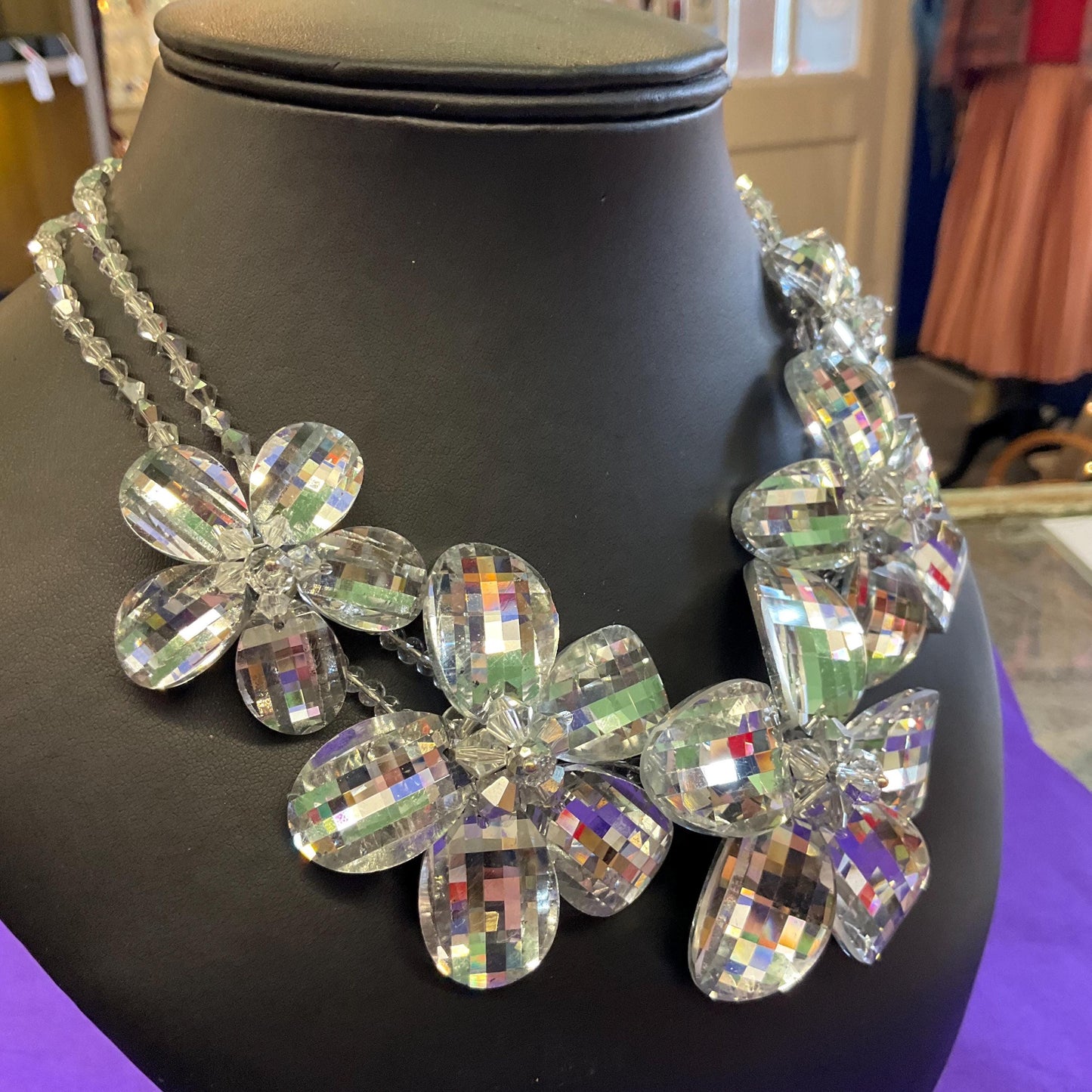 Vintage Butler and Wilson Statement Silver Checkerboard Cut Crystal Floral Necklace, signed in Original Box