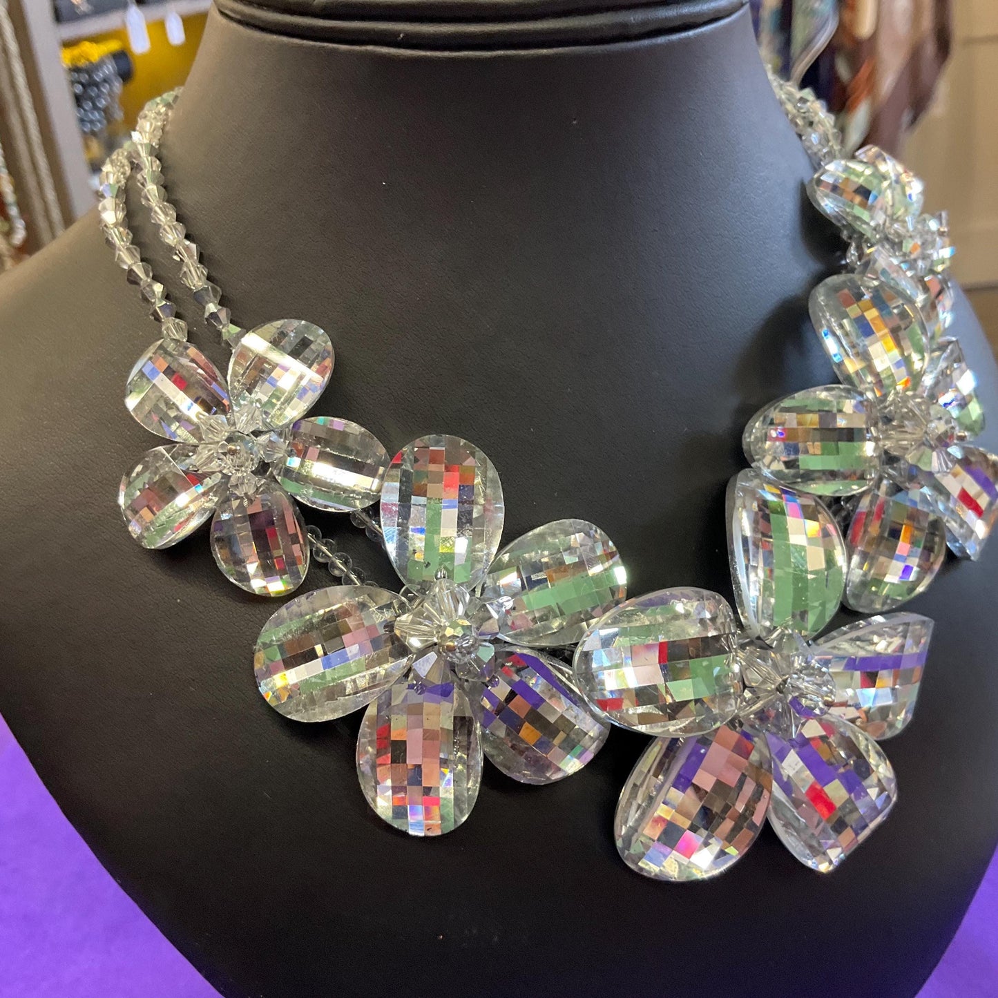 Vintage Butler and Wilson Statement Silver Checkerboard Cut Crystal Floral Necklace, signed in Original Box