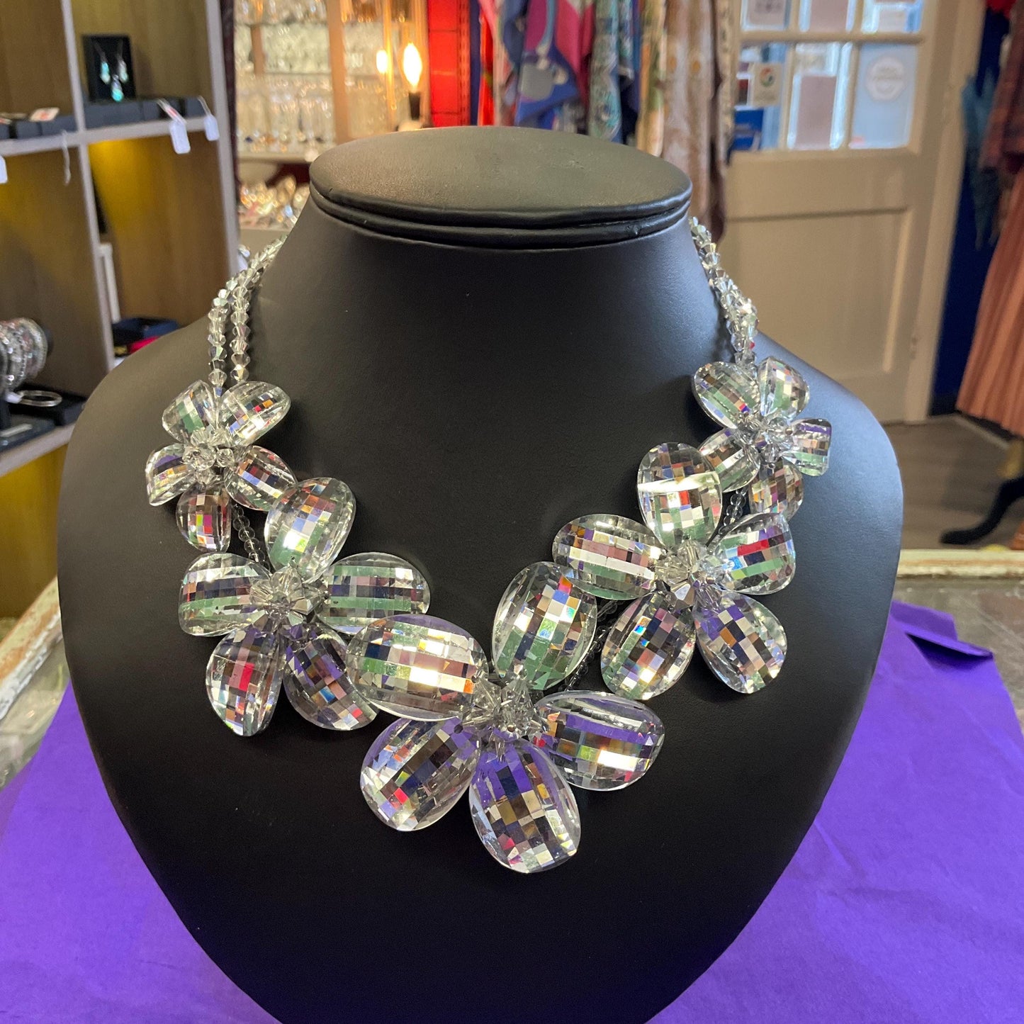 Vintage Butler and Wilson Statement Silver Checkerboard Cut Crystal Floral Necklace, signed in Original Box