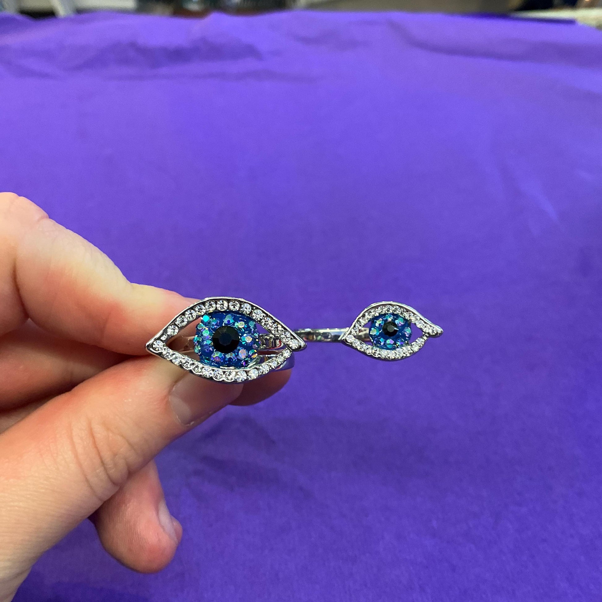 Vintage Butler and Wilson Crystal Eye Double Adjustable Ring, Silver , Blue Borealis and Black Crystal, From Size UK R, US 8.75