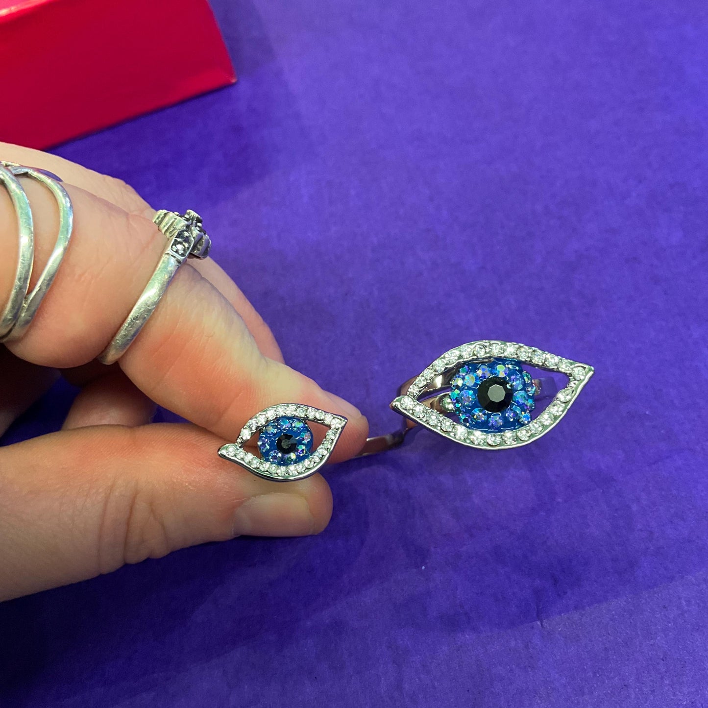 Vintage Butler and Wilson Crystal Eye Double Adjustable Ring, Silver , Blue Borealis and Black Crystal, From Size UK R, US 8.75