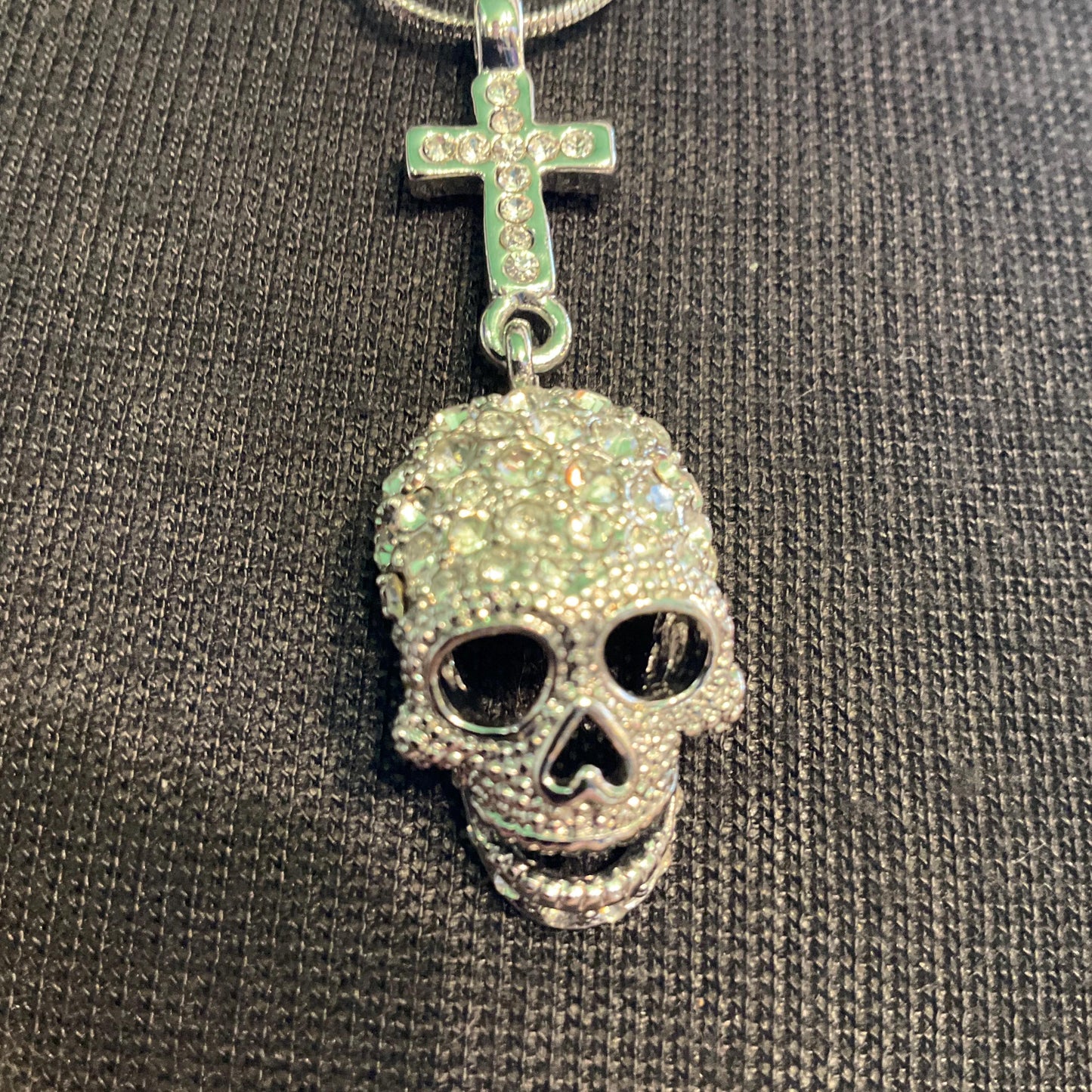 Vintage Butler and Wilson Crystal Skull and Cross Pendant, Silver tone with rhinestones