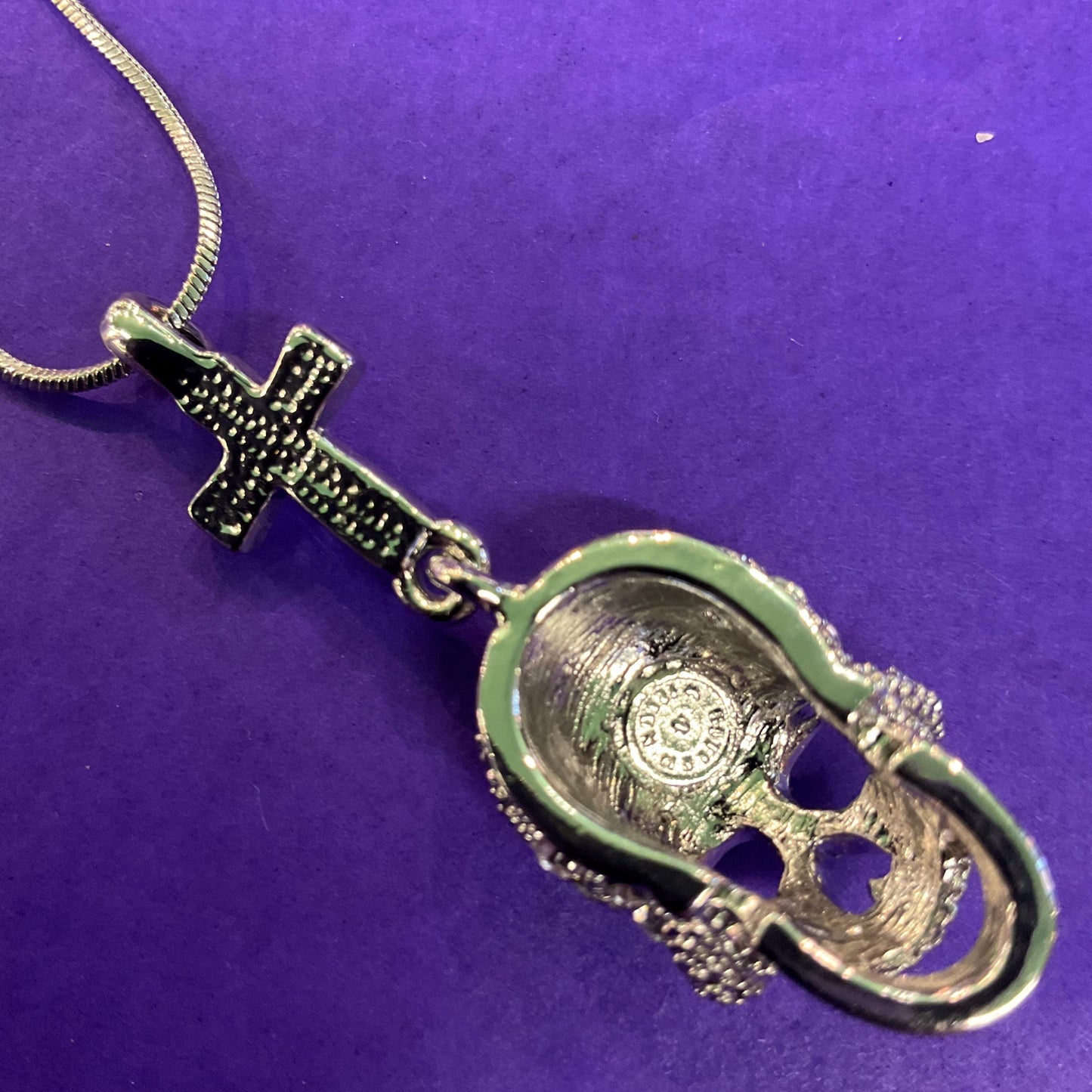 Vintage Butler and Wilson Crystal Skull and Cross Pendant, Silver tone with rhinestones