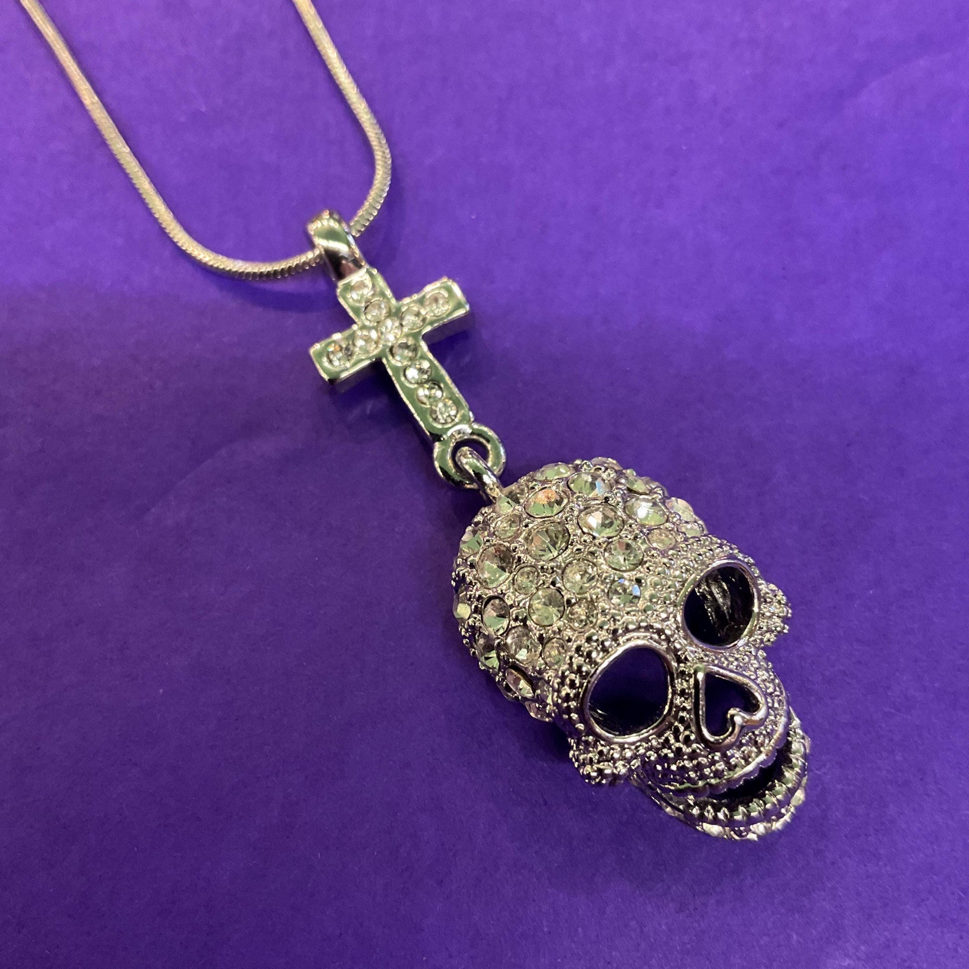 Vintage Butler and Wilson Crystal Skull and Cross Pendant, Silver tone with rhinestones