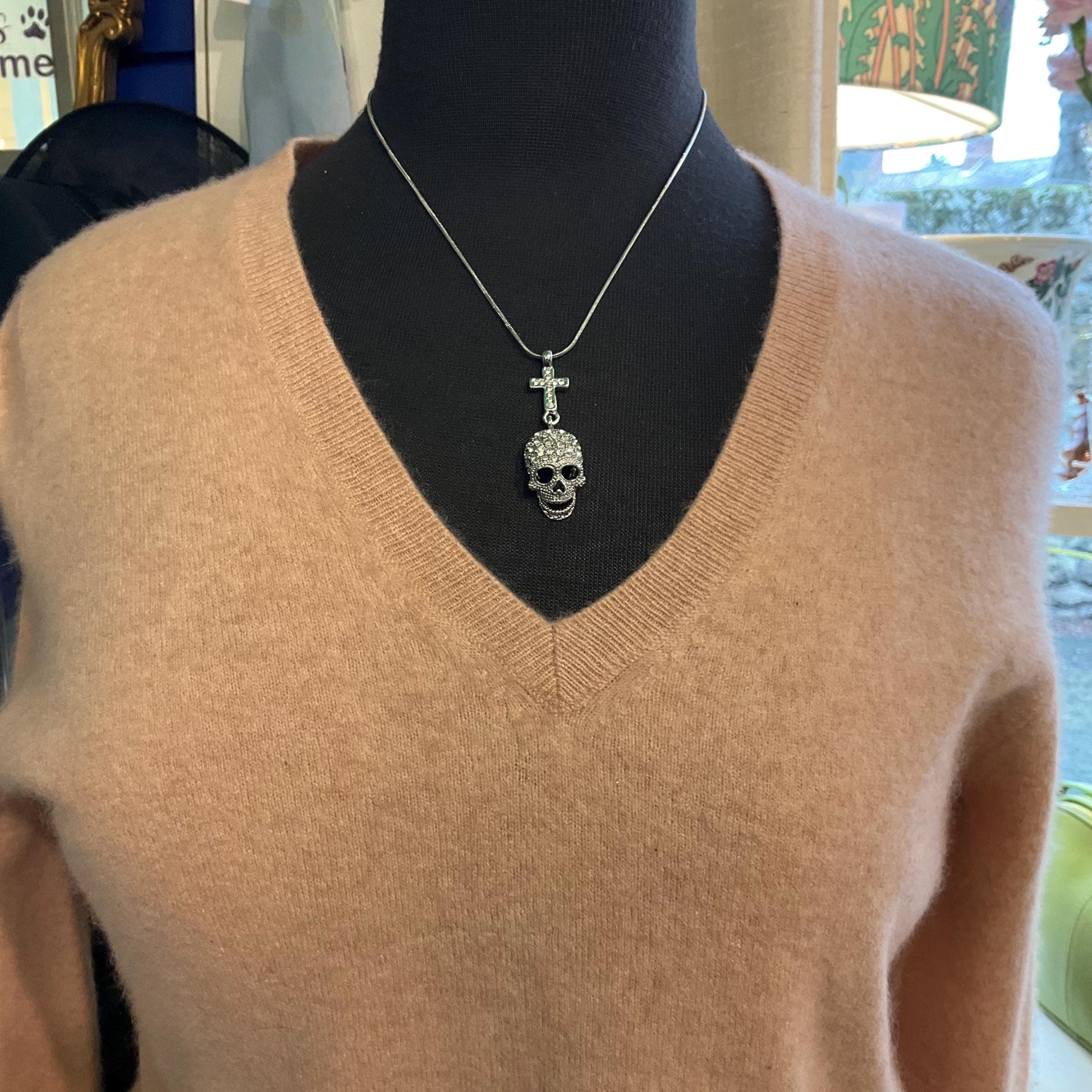 Vintage Butler and Wilson Crystal Skull and Cross Pendant, Silver tone with rhinestones