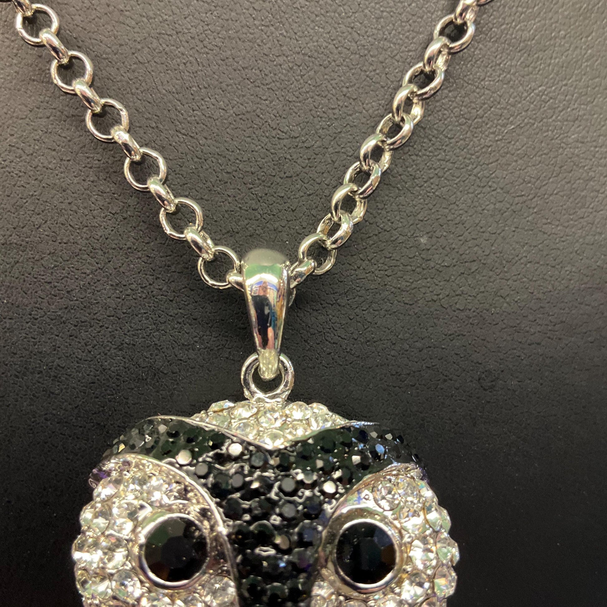 Vintage Butler and Wilson Large Silver and Black Articulated Owl Pendant, signed as new