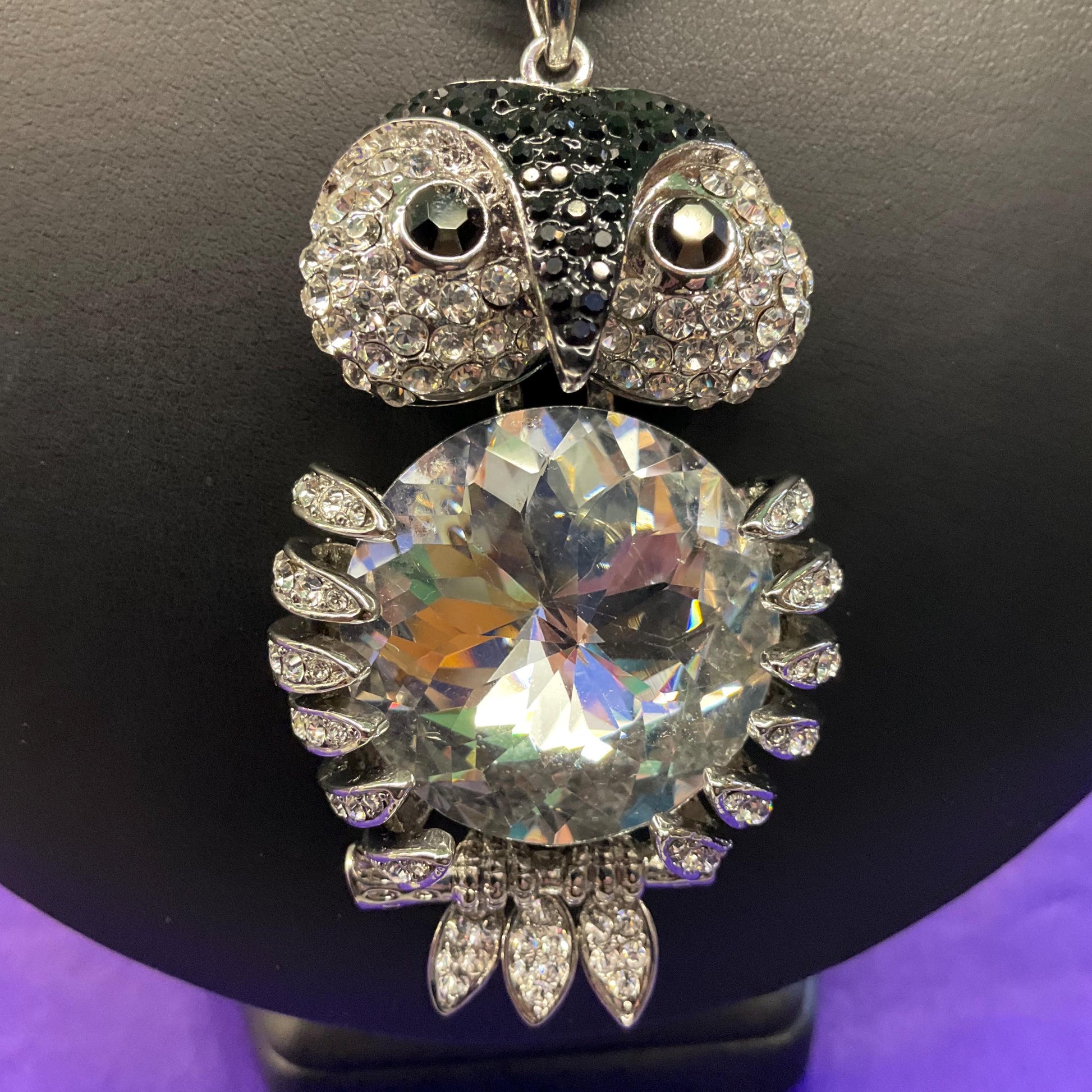 Vintage Butler and Wilson Large Silver and Black Articulated Owl Pendant, signed as new