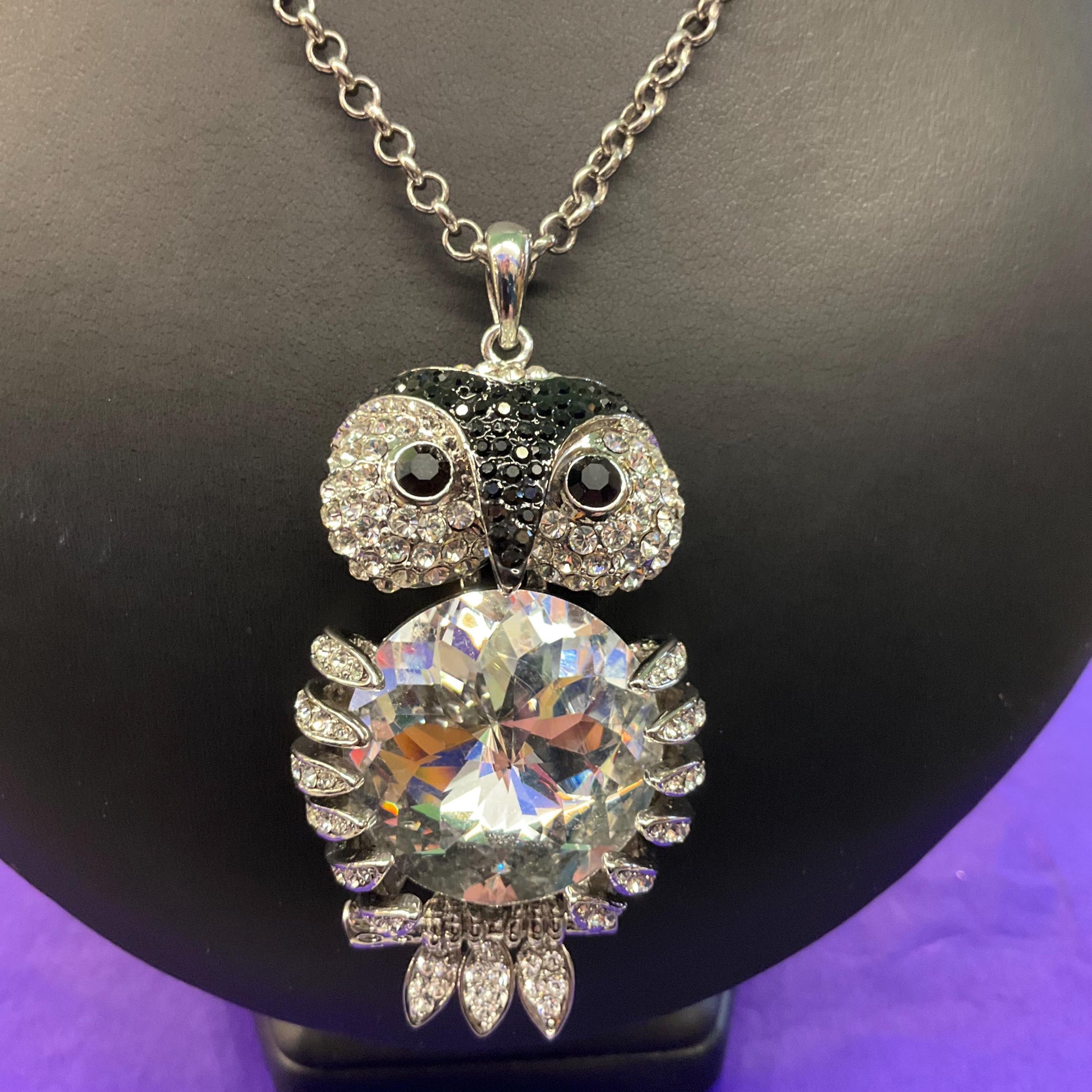 Vintage Butler and Wilson Large Silver and Black Articulated Owl Pendant, signed as new