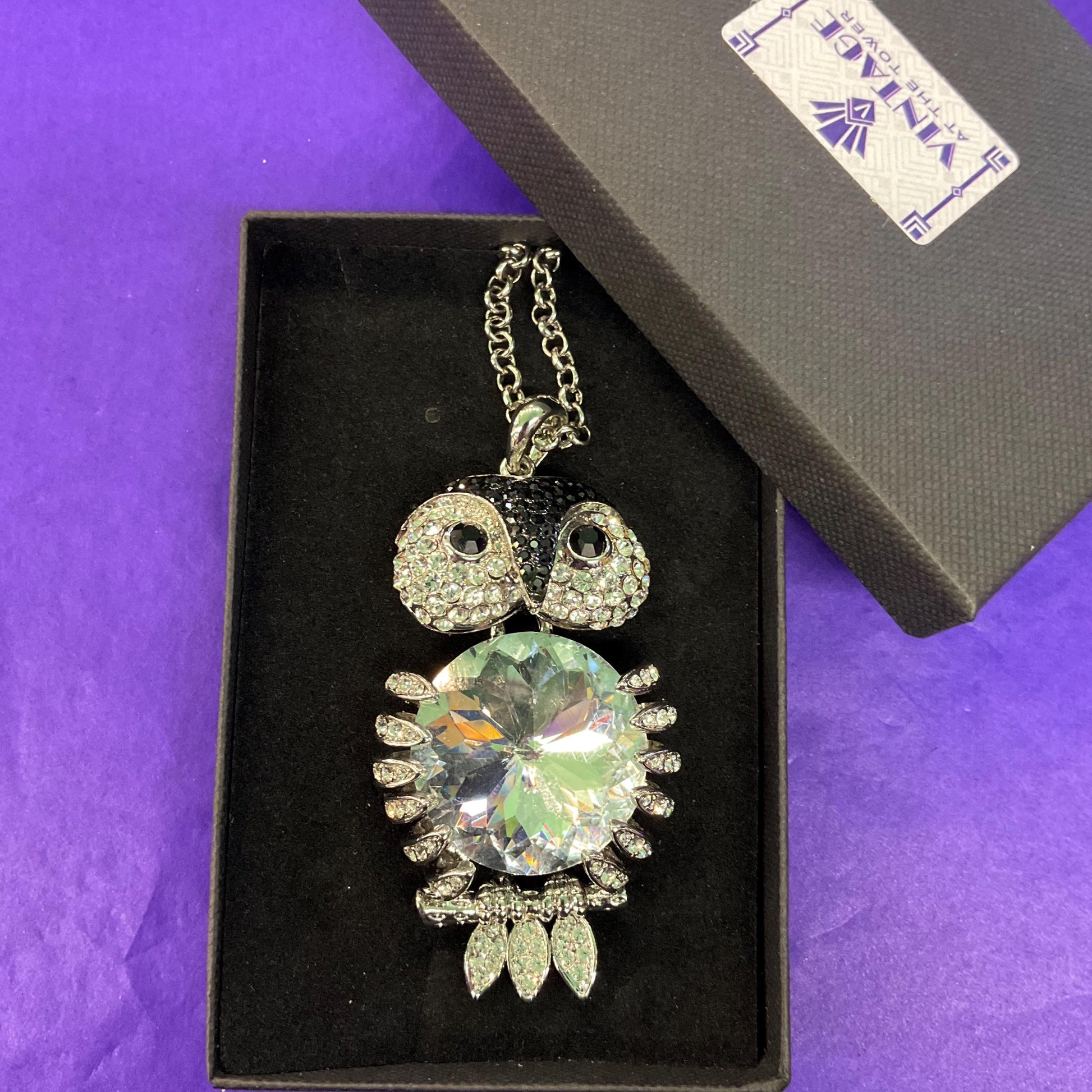 Vintage Butler and Wilson Large Silver and Black Articulated Owl Pendant, signed as new