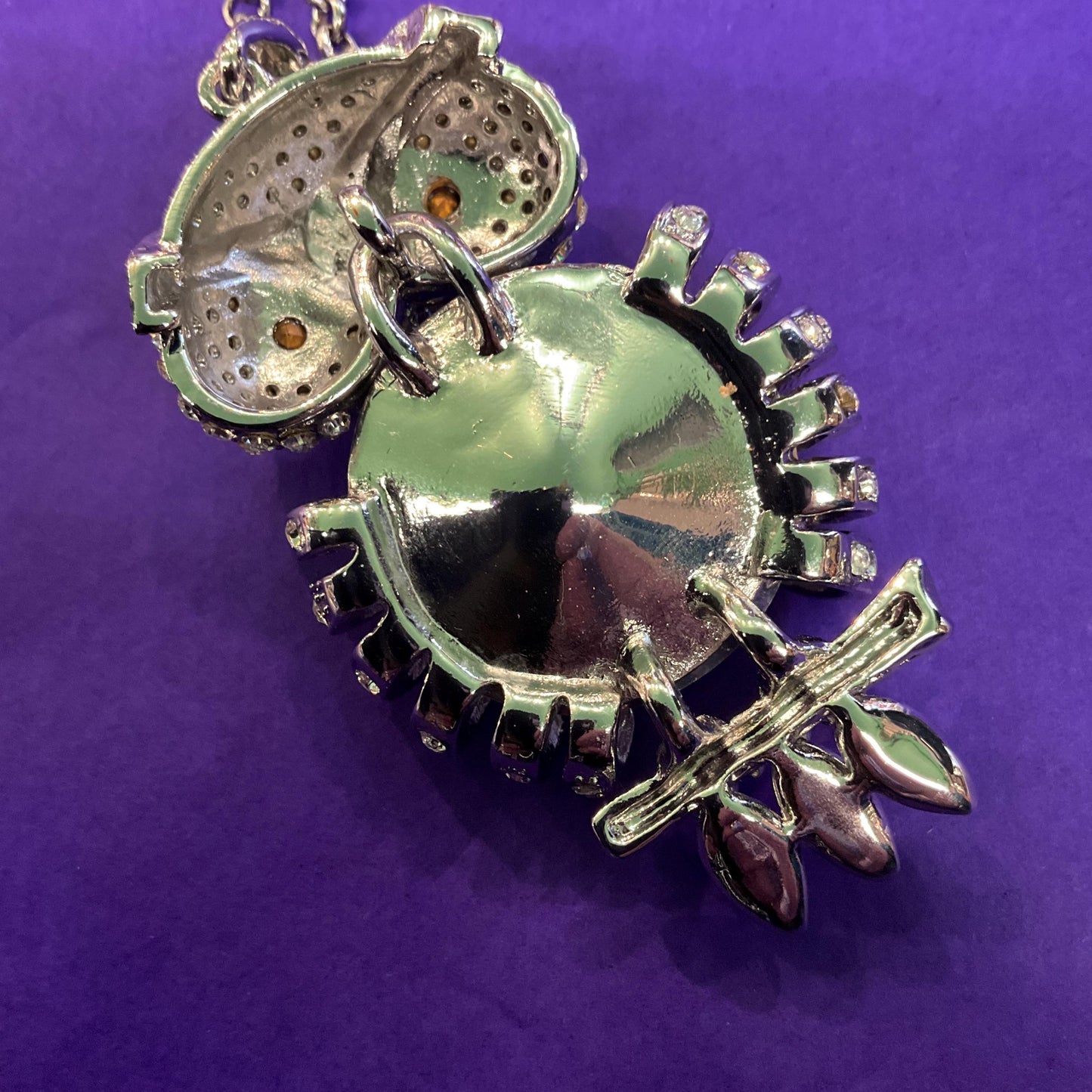 Vintage Butler and Wilson Large Silver and Black Articulated Owl Pendant, signed as new