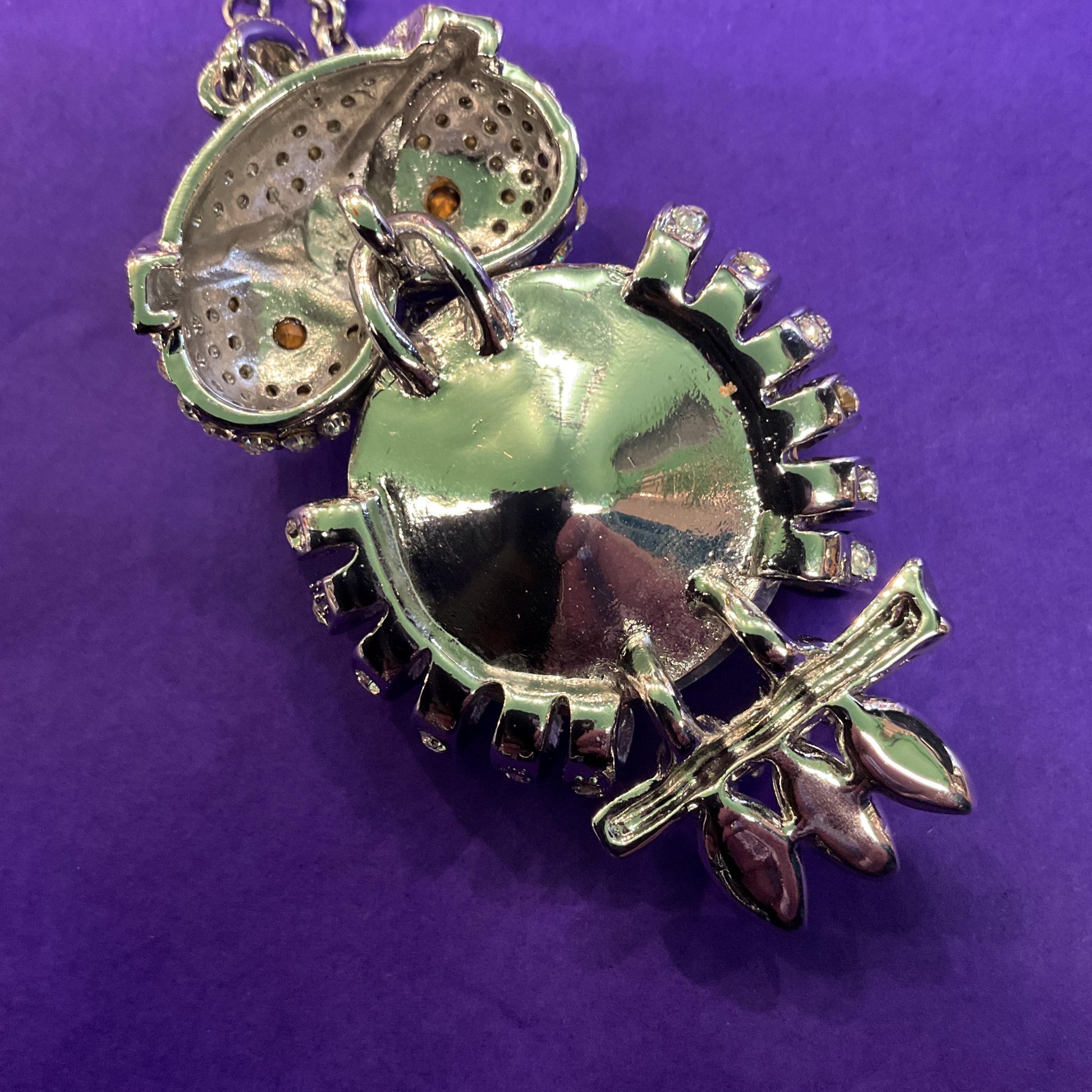 Vintage Butler and Wilson Large Silver and Black Articulated Owl Pendant, signed as new