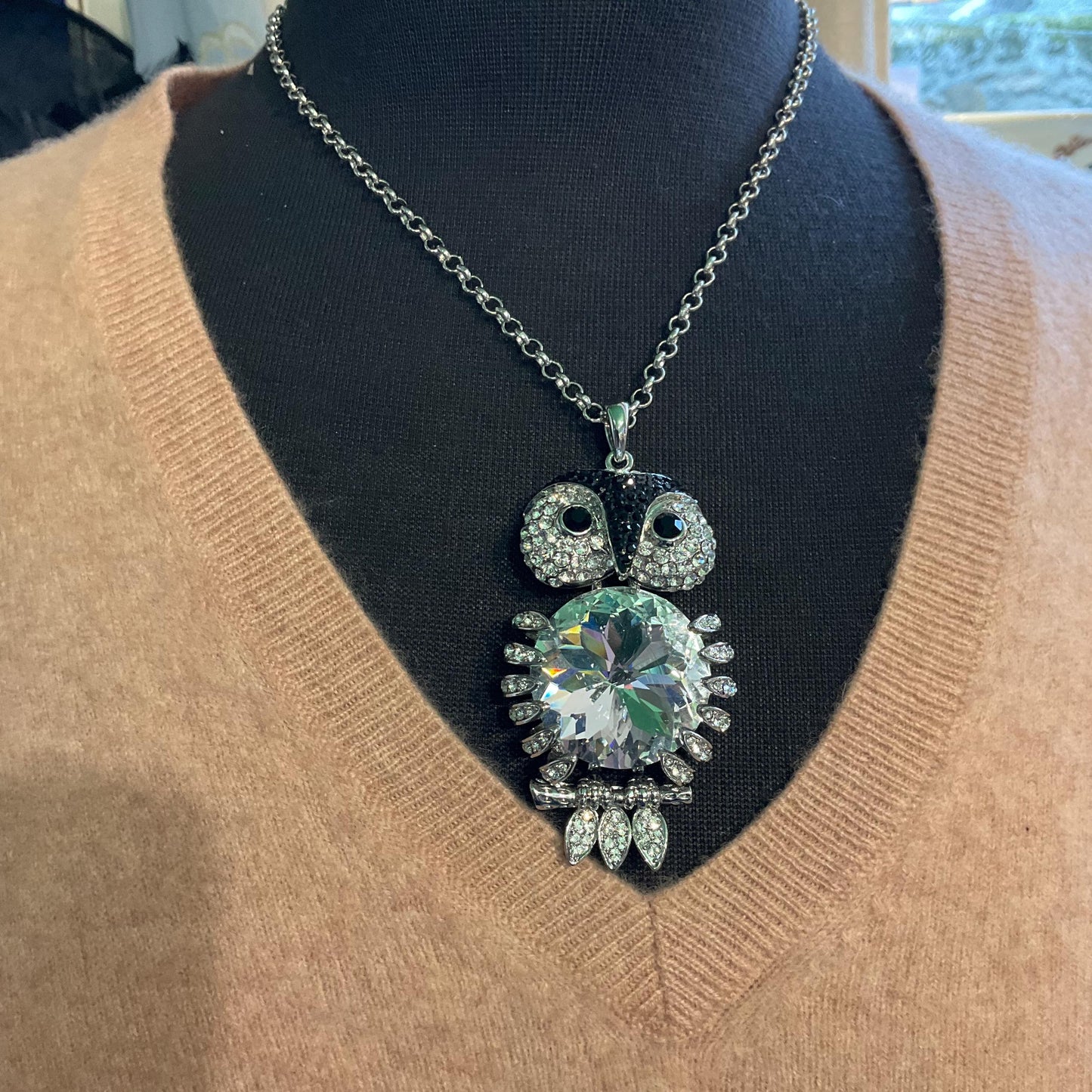 Vintage Butler and Wilson Large Silver and Black Articulated Owl Pendant, signed as new