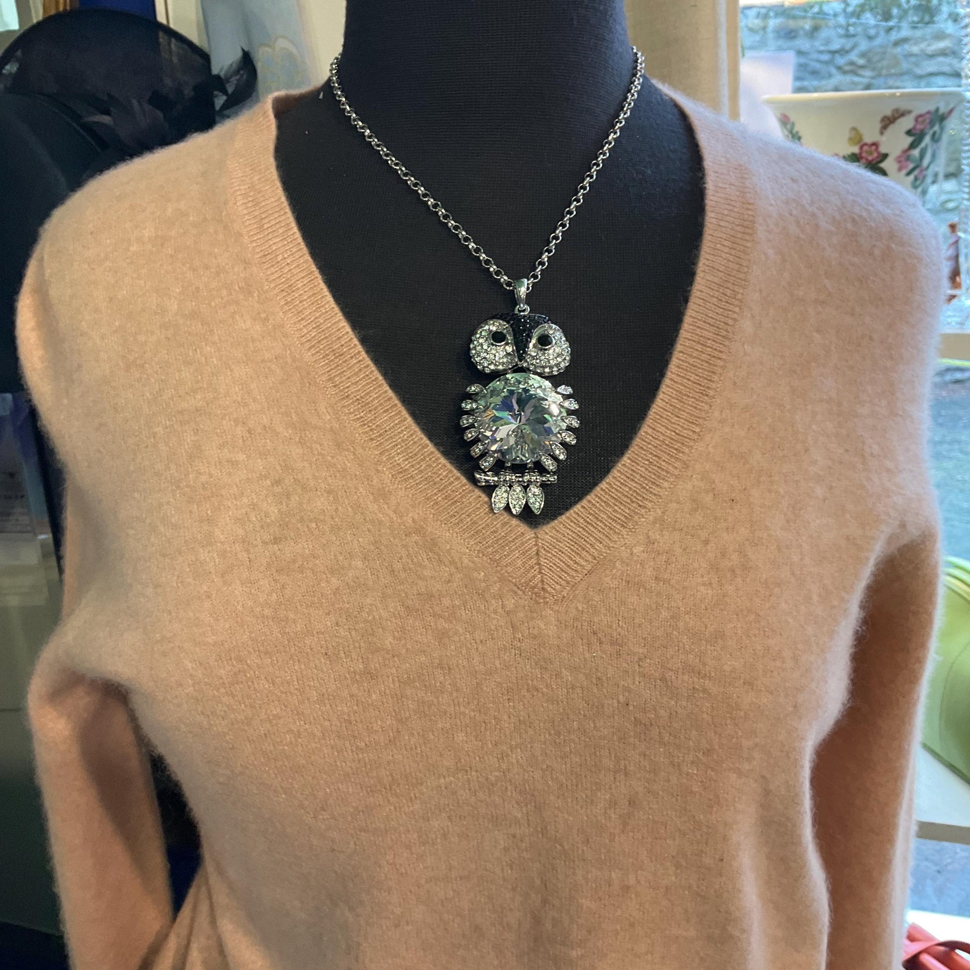 Vintage Butler and Wilson Large Silver and Black Articulated Owl Pendant, signed as new
