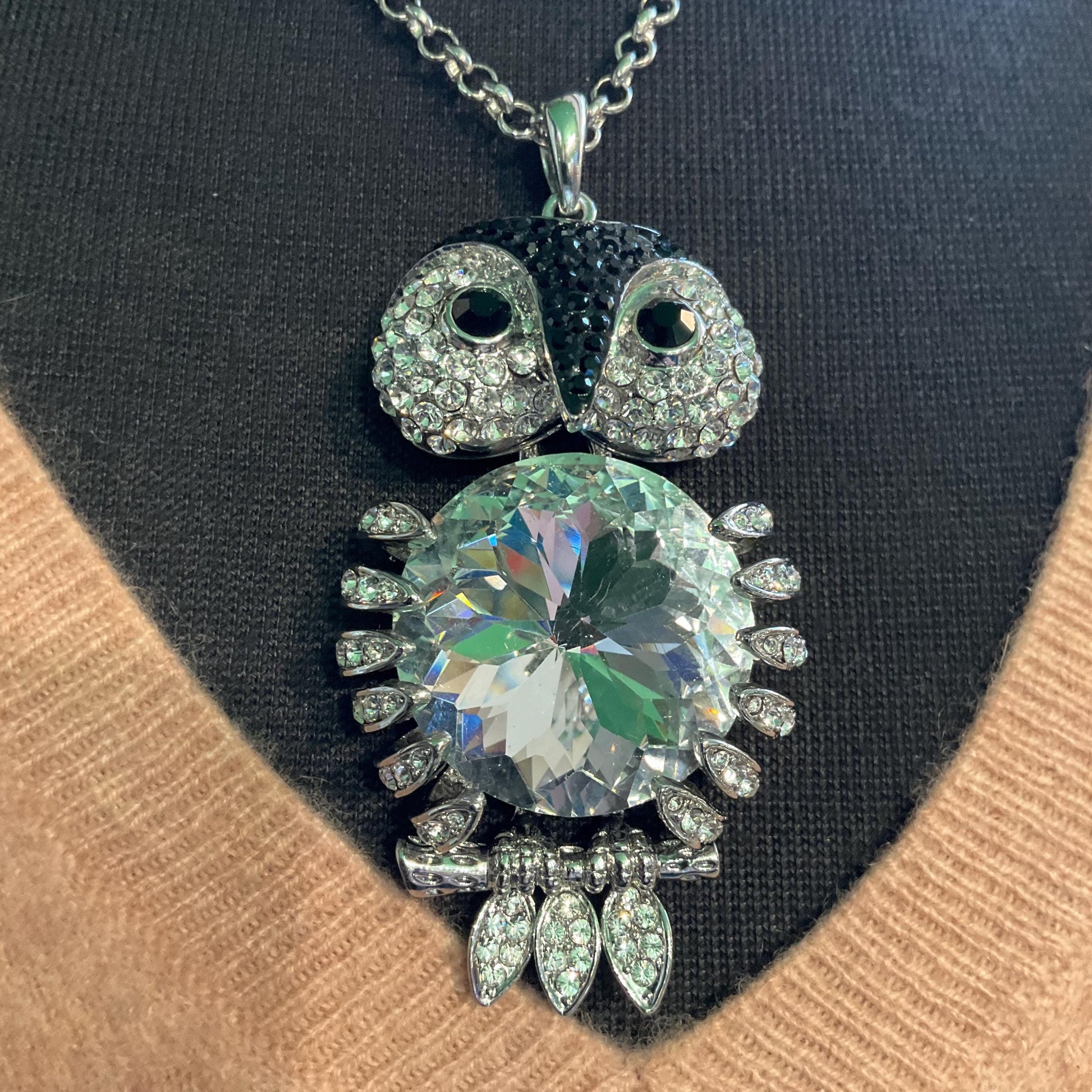 Vintage Butler and Wilson Large Silver and Black Articulated Owl Pendant, signed as new