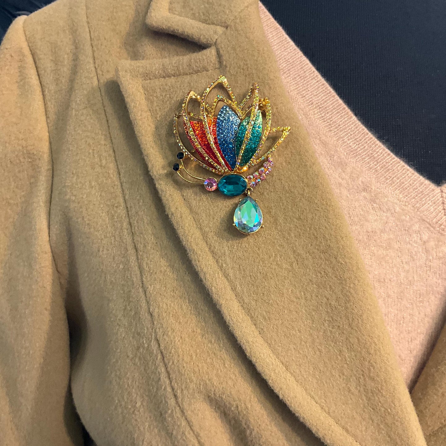 Vintage Butler and Wilson Statement Rainbow Crystal Butterfly Brooch with Borealis Teardrop Crystal Drop