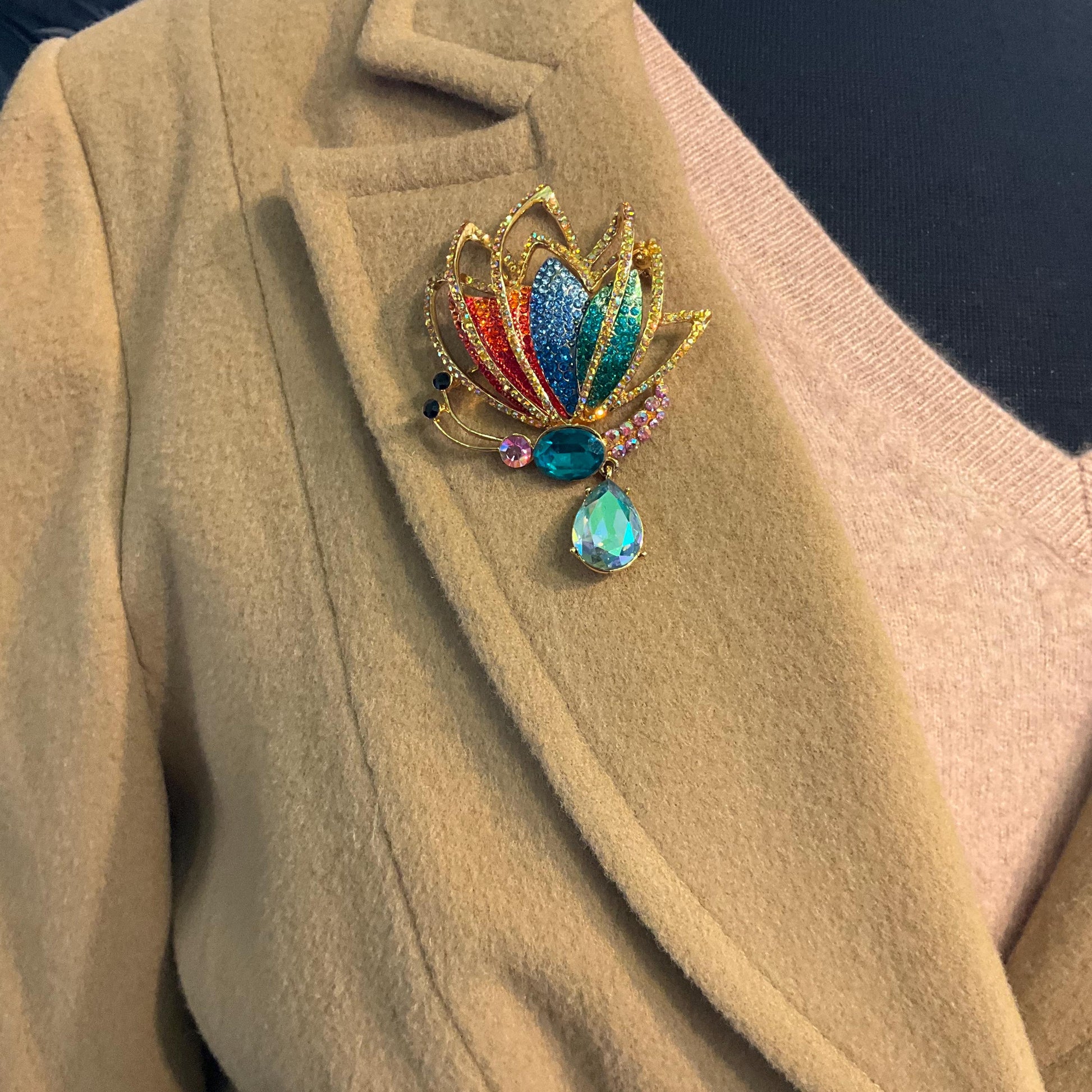 Vintage Butler and Wilson Statement Rainbow Crystal Butterfly Brooch with Borealis Teardrop Crystal Drop