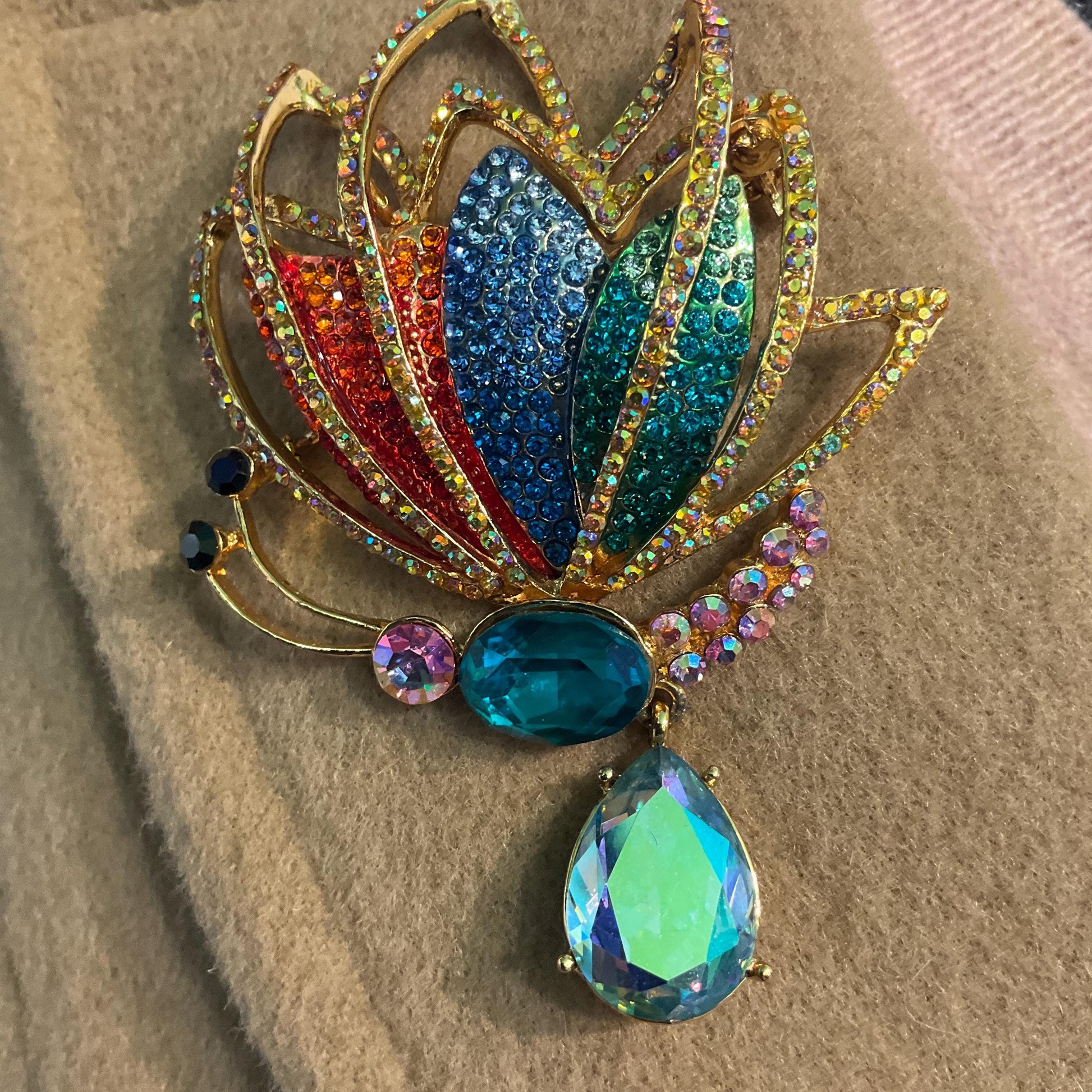 Vintage Butler and Wilson Statement Rainbow Crystal Butterfly Brooch with Borealis Teardrop Crystal Drop