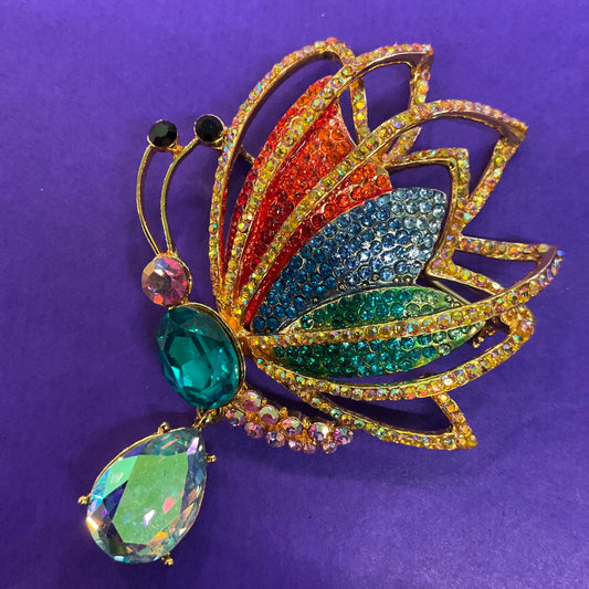 Vintage Butler and Wilson Statement Rainbow Crystal Butterfly Brooch with Borealis Teardrop Crystal Drop