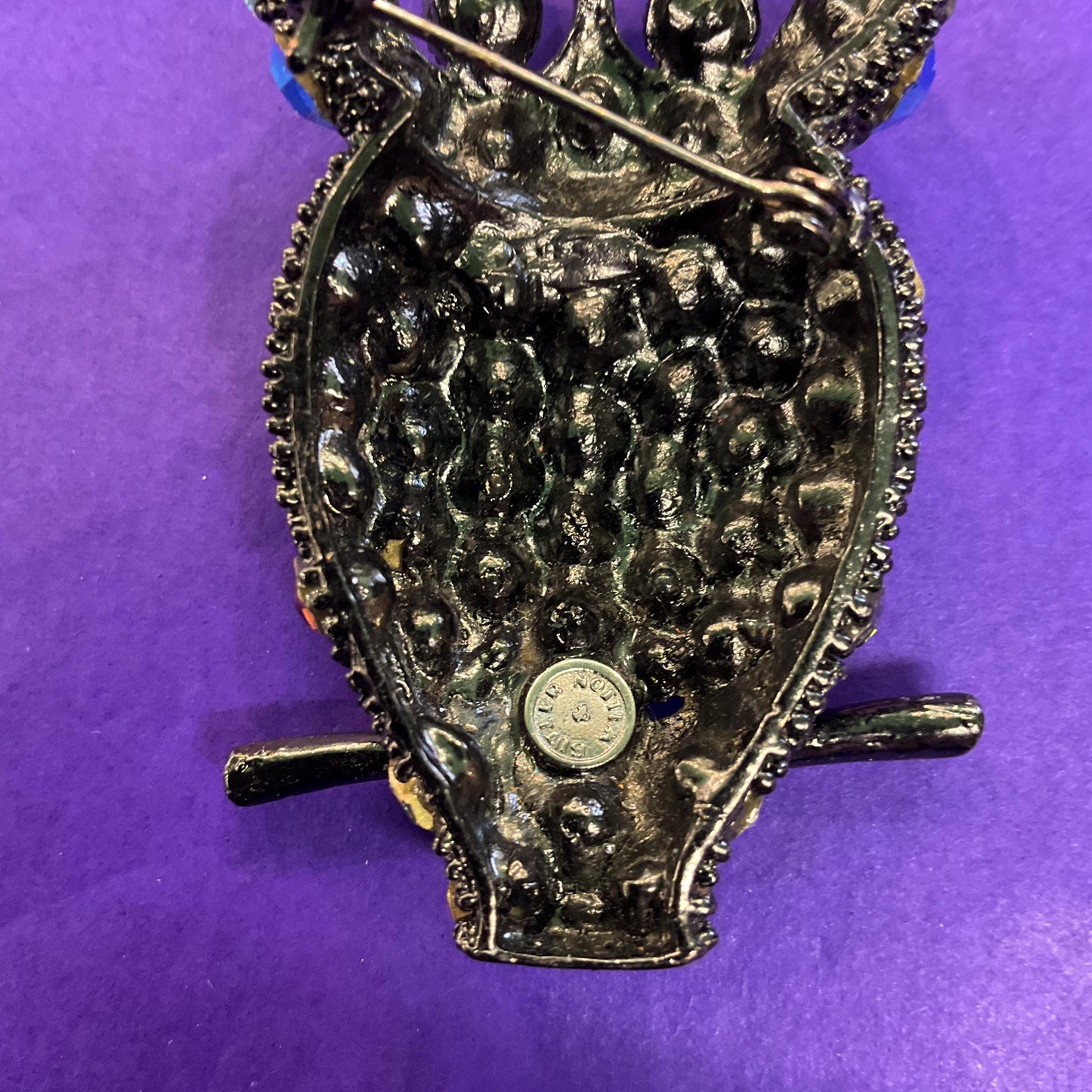 Vintage Butler and Wilson Dark Pewter tone Large Owl Brooch , Multcoloured Rainbow Jewel like Crystals