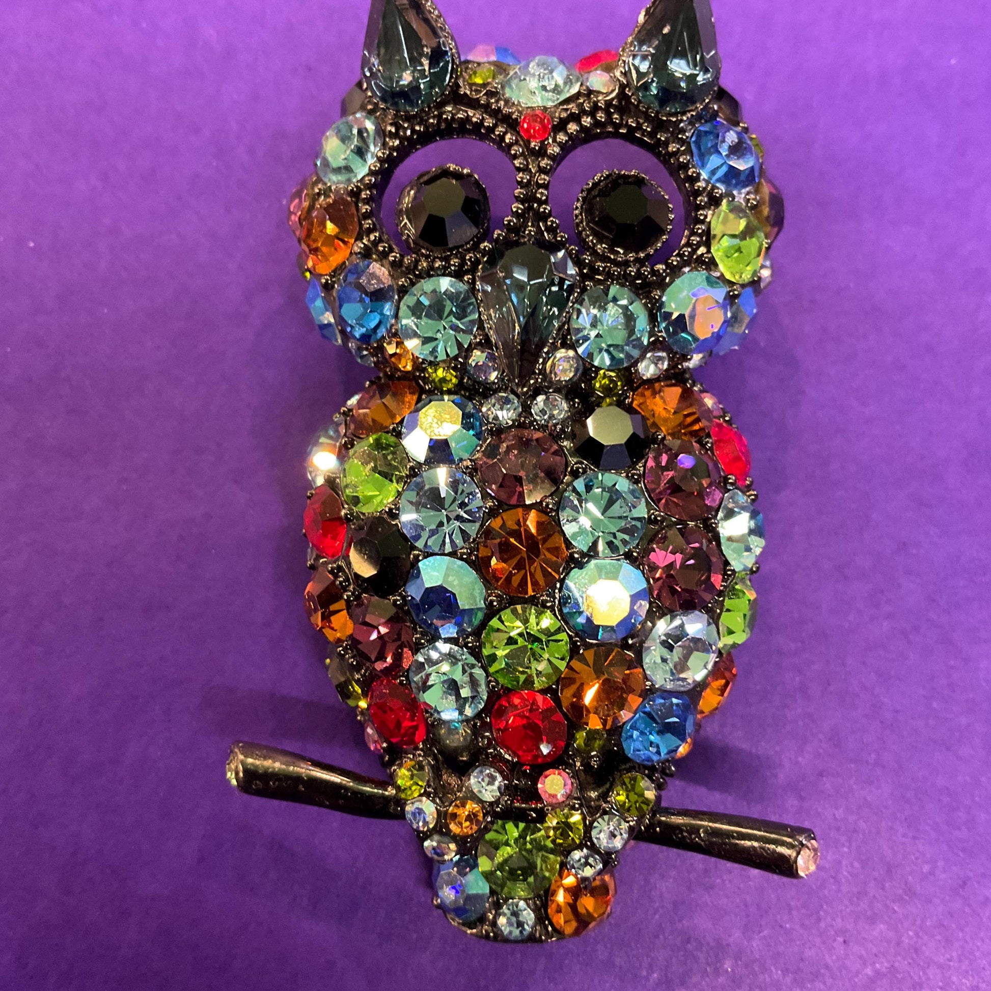 Vintage Butler and Wilson Dark Pewter tone Large Owl Brooch , Multcoloured Rainbow Jewel like Crystals